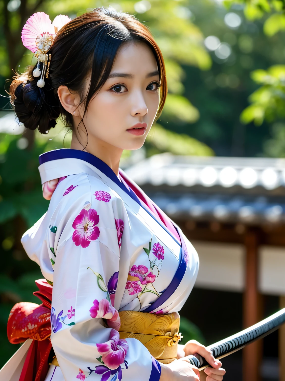 (Best-quality, Masterpiece, Ultra-High-Resolution, (Photorealistic:1.4), Raw Photo,  depth of field, professional lighting, perfect anatomy, extremely details), 1woman is the most famous Japanese actress and member of Japanese Mafia, ((wearing extremely beautiful KIMONO with gorgeous-design, running wild while brandishing extremely beautiful KATANA)), (extremely beautiful face, ((extremely beautiful and extremely big eyes)), extremely beautiful hair, extremely beautiful skins), extremely beautiful long-eyelashes, extremely beautiful lips, (detailed beautiful-KATANA)