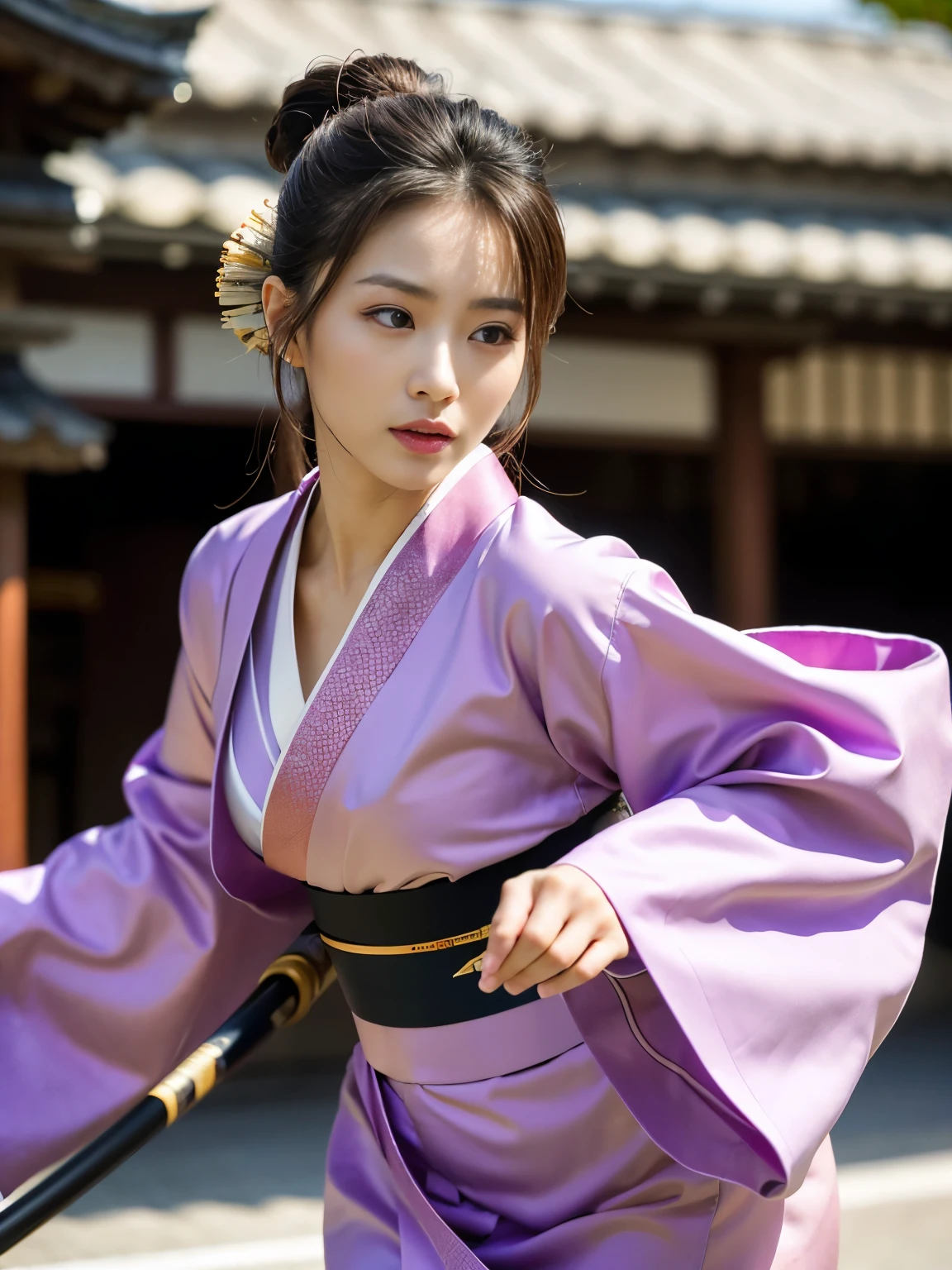 (Best-quality, Masterpiece, Ultra-High-Resolution, (Photorealistic:1.4), Raw Photo,  depth of field, professional lighting, perfect anatomy, extremely details), 1woman is the most famous Japanese actress and member of Japanese Mafia, ((wearing extremely beautiful KIMONO with gorgeous-design, running wild while brandishing extremely beautiful KATANA)), (extremely beautiful face, ((extremely beautiful and extremely big eyes)), extremely beautiful hair, extremely beautiful skins), extremely beautiful long-eyelashes, extremely beautiful lips, (detailed beautiful-KATANA)