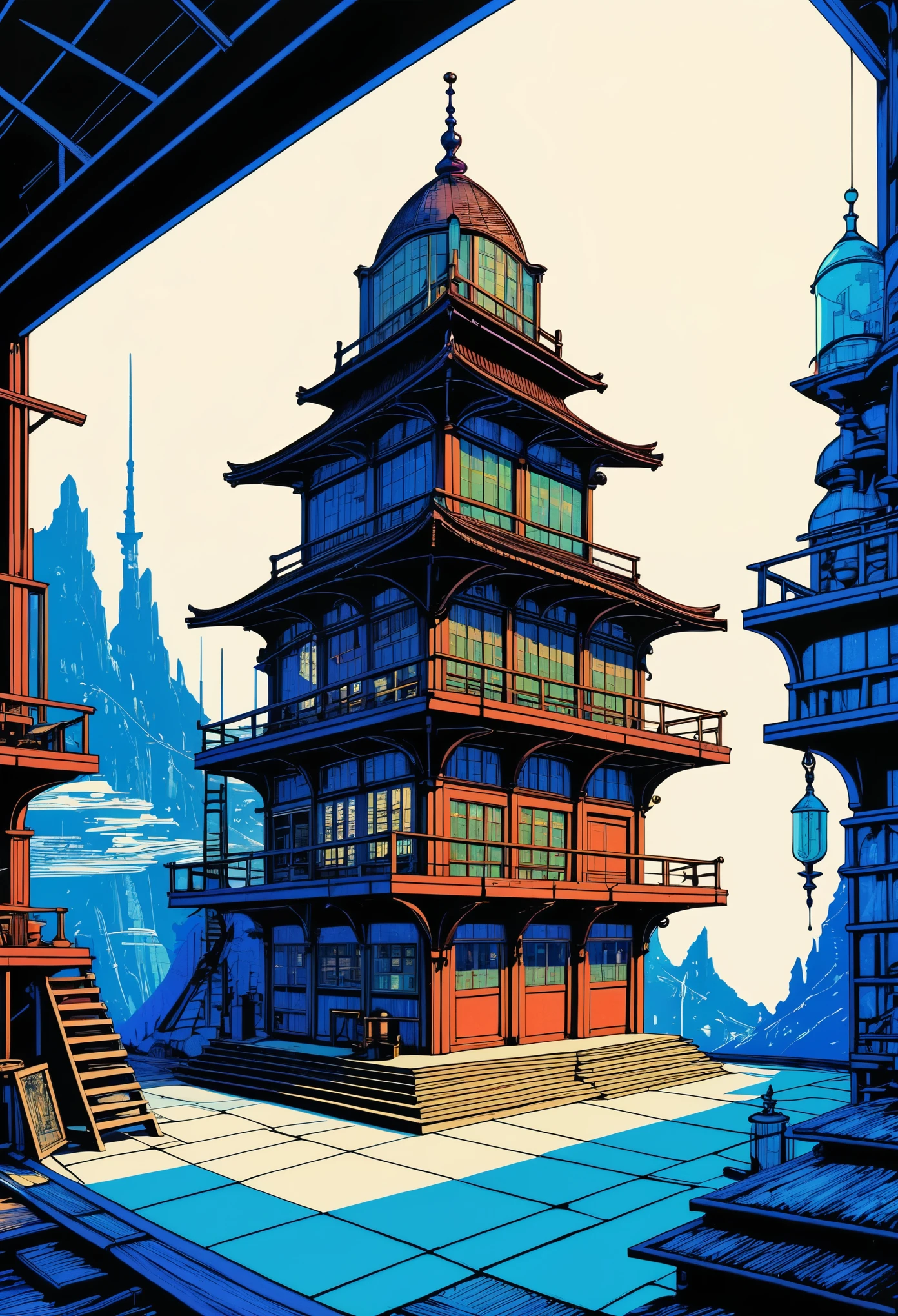 Alchemy Laboratory, Ghibli Studio, Blockprint, Architectural Visualisation, Fine art etching, Avant-garde fashion, Glitch art