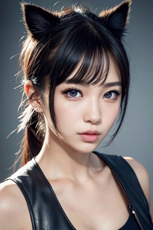 a cute japanese high school girl, innocent expression, low ponytail, ((cat ears)), heavy metal, leather jacket, spiked hair, black eyeshadow, black lipstick, piercings, punk hairstyle, middle finger raised, (best quality,4k,8k,highres,masterpiece:1.2),ultra-detailed,(realistic,photorealistic,photo-realistic:1.37),extremely detailed eyes and face,beautifully detailed eyes,beautifully detailed lips,longeyelashes,vibrant colors,dramatic lighting,cinematic