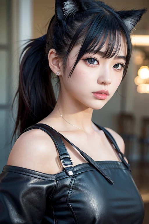 a cute japanese high school girl, innocent expression, low ponytail, ((cat ears)), heavy metal, leather jacket, spiked hair, black eyeshadow, black lipstick, piercings, punk hairstyle, middle finger raised, (best quality,4k,8k,highres,masterpiece:1.2),ultra-detailed,(realistic,photorealistic,photo-realistic:1.37),extremely detailed eyes and face,beautifully detailed eyes,beautifully detailed lips,longeyelashes,vibrant colors,dramatic lighting,cinematic