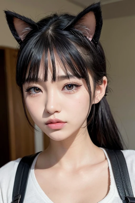 a cute japanese high school girl, innocent expression, low ponytail, ((cat ears)), heavy metal, leather jacket, spiked hair, black eyeshadow, black lipstick, piercings, punk hairstyle, middle finger raised, (best quality,4k,8k,highres,masterpiece:1.2),ultra-detailed,(realistic,photorealistic,photo-realistic:1.37),extremely detailed eyes and face,beautifully detailed eyes,beautifully detailed lips,longeyelashes,vibrant colors,dramatic lighting,cinematic