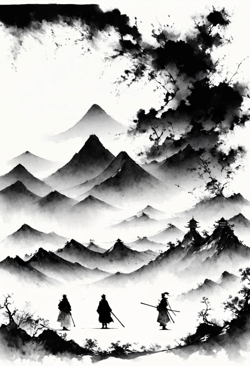 (Lots of white space:1.5),(Lots of white space around:1.6), White background, simple, Minimalism, abstract,Freehand,Aesthetic,black and white,Ink Painting,antiquity,Mountain,People in the distance