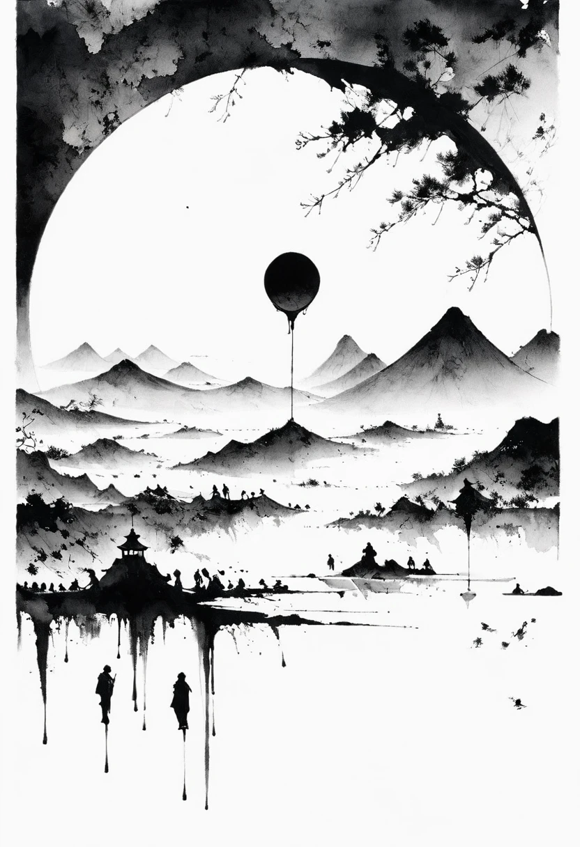 (Lots of white space:1.5),(Lots of white space around:1.6), White background, simple, Minimalism, abstract,Freehand,Aesthetic,black and white,Ink Painting,antiquity,Mountain,People in the distance