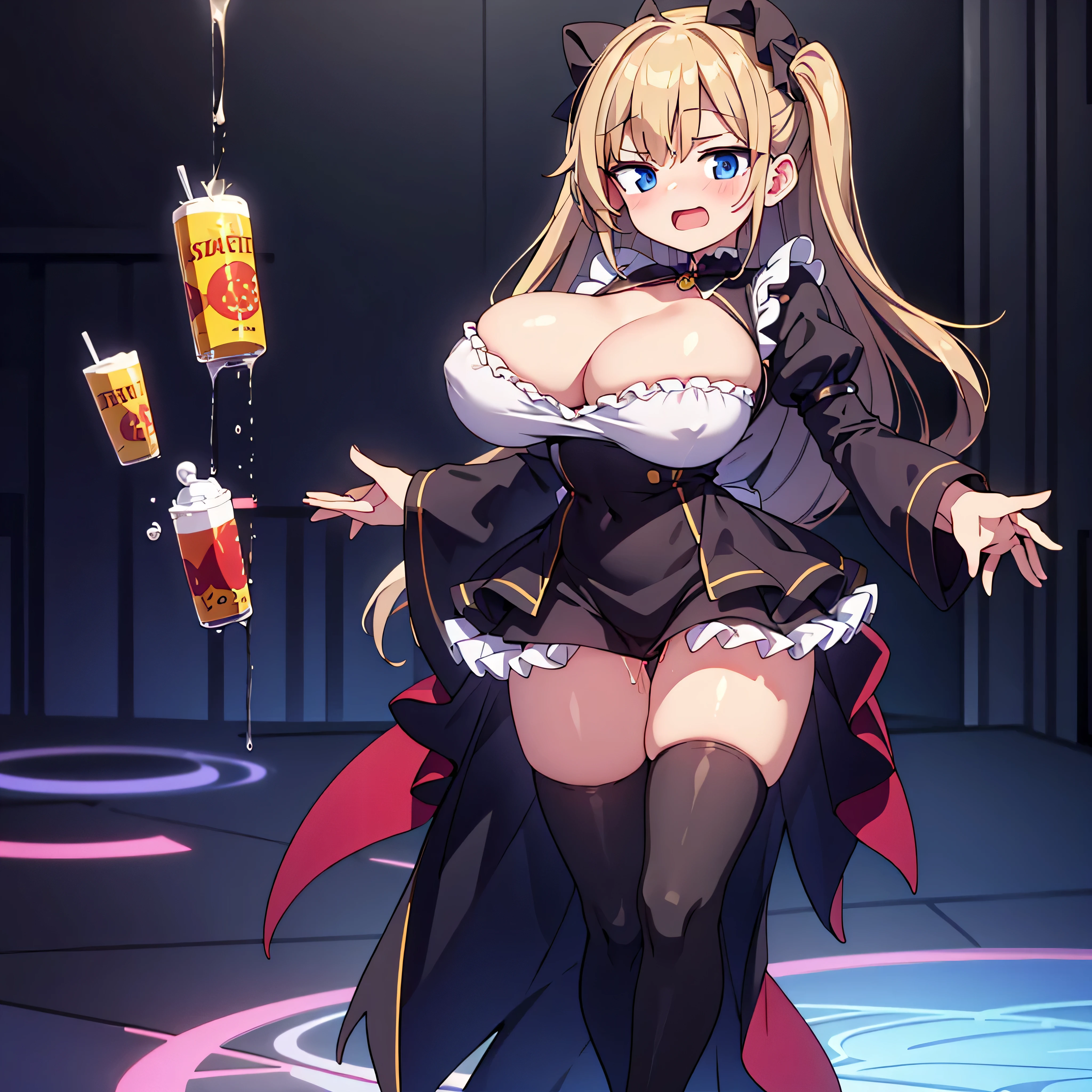 (solo), 12th Century Europe, (1 childish skinny girl standing), (she is girl), (bouncing huge breasts), very short torso, skinny narrow waist, skinny long legs, BREAK, frilled dirndl, cleavage, (frilled too short skirt), (thigh gap), black thighhighs, stiletto heels, BREAK, ultimate orgasm, nose blush, pussy juice, (nsfw:0.3)