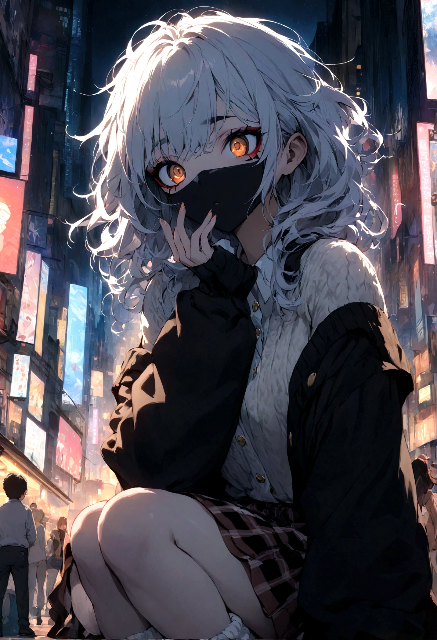 masterpiece, best quality, official art, extremely detailed CG unity 8k wallpaper, highly detailed, absurdres, Closeup, exquisite facial features, Brown eyes, Perfect fingers, perfect face, (sharp eyeliner, eyeshadow, detailed eyes:1.1), [Long light blue messy hair], Perfect skin, shiny skin, female, solo, Black face mask, leaning against railing by the road, looking away from camera, She is on her phone, [Black Chunky high heel boots with chains, Long Loose Socks Japanese Student Kawaii School Style Knitted Wool Socks, checkered skirt, Japanese long sleeve tan button up sweater], in the night city of Tokyo Japan, people crowded background, lights from massive screens and building windows, lampposts