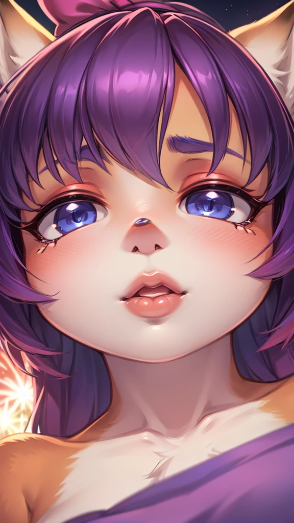 Hallucination, daydream , fantastic , erotica , Fear , bokeh , fox girl , hair tie , Medium hair , up hair , Sensual nape , Fireworks display , front view , (closeup face:1.9) , glossy lips , detail , (Close eyes) , Waiting for a kiss , from below , (woman on top) , steamy breath , I can not stand it any longer , Mouth gesture , (Hand job gesture:0.9) , Hair falls towards the viewer , Peeking Down , Applying lipstick , Lipstick advertisement , Rouge lipstick