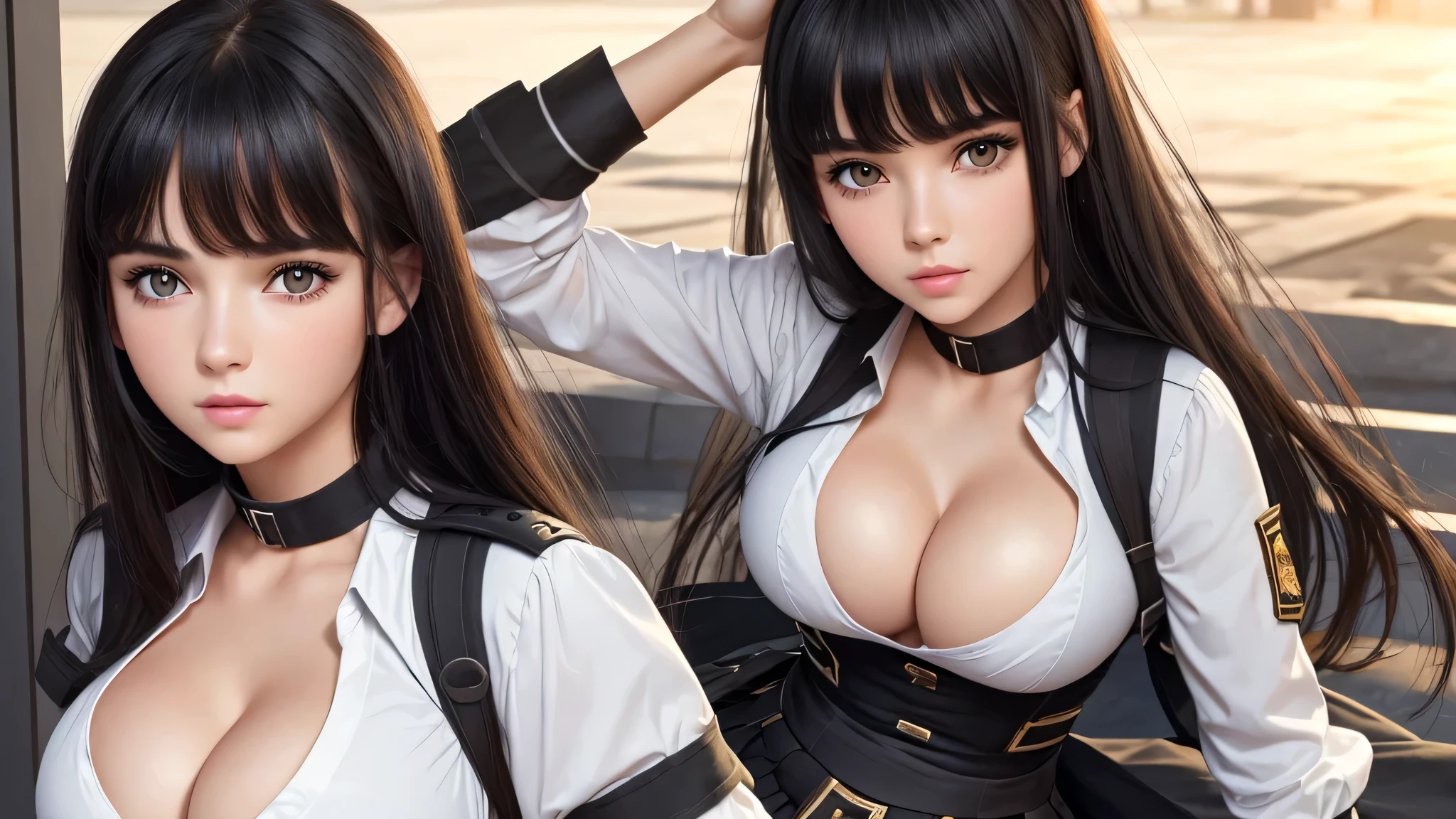 ((highest quality)), ((8k), (Detailed face), (highlight), girl、Cleavage、bangs、Black Hair、skirt、Combat Uniform、white、 ,Girl 1 person,