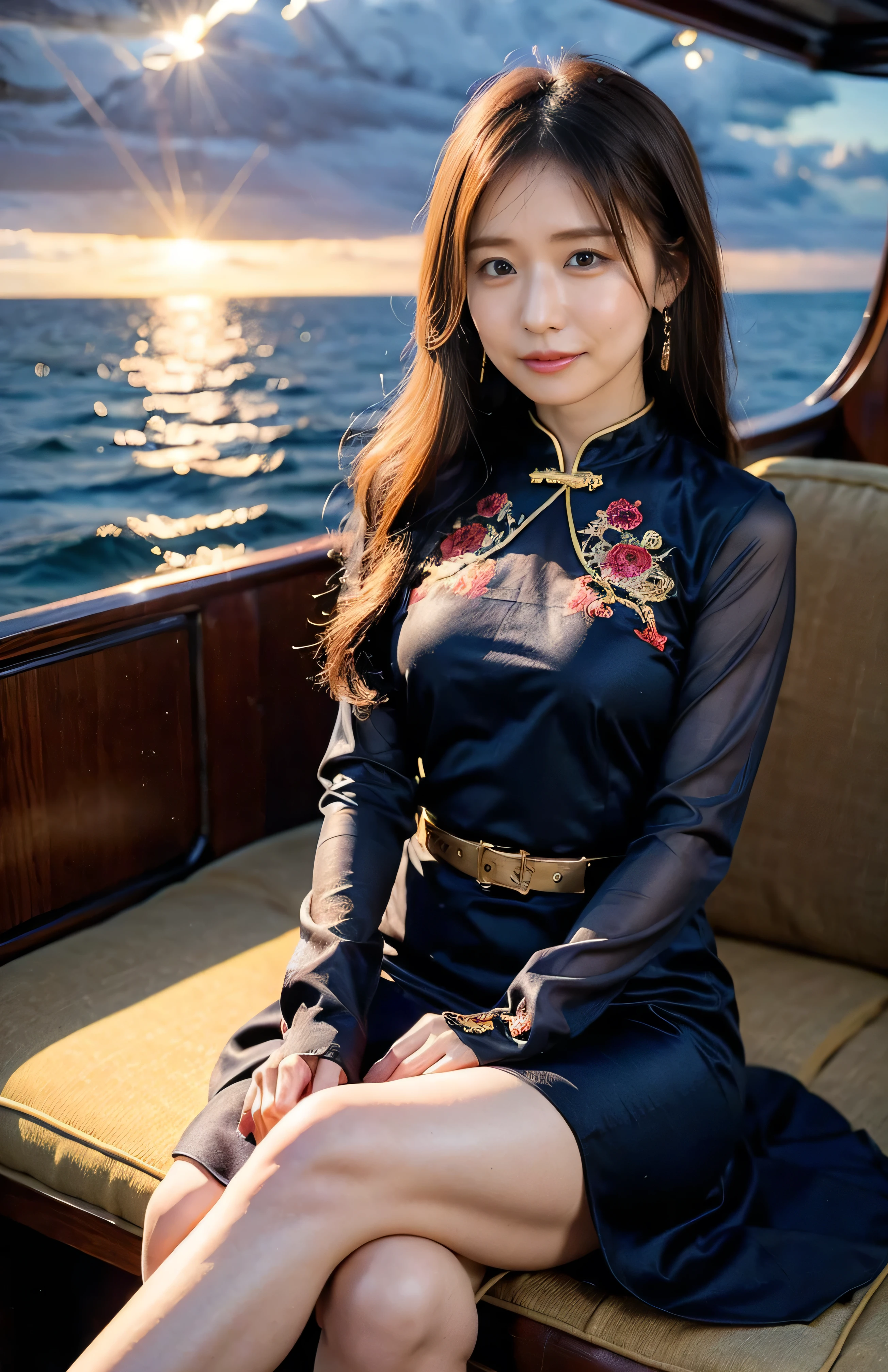 The sky turns red、((Luxurious and shiny embroidered Chinese dress:1.4)).A luxurious and shiny silk cheongsam、A luxurious navy blue cheongsam with embroidery、Woman standing on a boat、Light brown hair、Elegant hairstyle、Blue Eyed Woman、A woman with a cute upward gaze、When the sky gets dark、The gentle light of the ship shines、The sky turns red as the sun sets、Tight clothing that shows your body lines、、Elegant navy blue summer knit、Elegant black summer sweater、belt、Short skirt、Dress elegantly着こなす、Luxury Bagedium Shorthair:1.4))、Skyscrapers seen across the sea、Manhattan 私sland is visible offshore、Woman on a sightseeing boat、、The sun shines on her、Light brown hair、Light brown hair、The sky was dyed red、There are clouds、private's cute、An elegantly dressed woman is sitting on a boat and watching the sunset、Her ample breasts are obvious even through her clothes..、The shining sun is so beautiful、Dusk is approaching、Lens flare、I can see the sunset、((Sunlight reflecting off the ocean、Ocean View、The sun shines on the sea、'beautiful.、Small earrings、private'evening、Birds are also flying、、Brown Hair Color、Tying up hair、The woman is on the right:1.4))、High-quality leather belt、Shiny clothes、Light beige hair color、Background Blur、Braid only the front hair、Light brown hair、{{Cowgirl Shot}}、((Close-up shot from the waist up、Ample breasts:1.4))、Smile、Silk clothing、Ample breasts that can be seen even through clothes、Braid only the front hair、Cowboy Shot、Gorgeous white collared silk shirt and brown skirt、Dress elegantly、Luxury Bags、A lovely smile、((Ample breasts))、Full body photo、ring、Short skirt、Tuck your hair behind one ear、Silver Necklace、smile、 Elegant ponytail、Caustics、Highly detailed photos、Very beautiful and ideal short hair、Super no makeup、(8k、RAW Photos、highest quality、masterpiece:1.2)、(Realistic、Realistic)、1 girl、((Medium Short Hair、Looking into the camera:1.4))、Hair blowing in the wind
