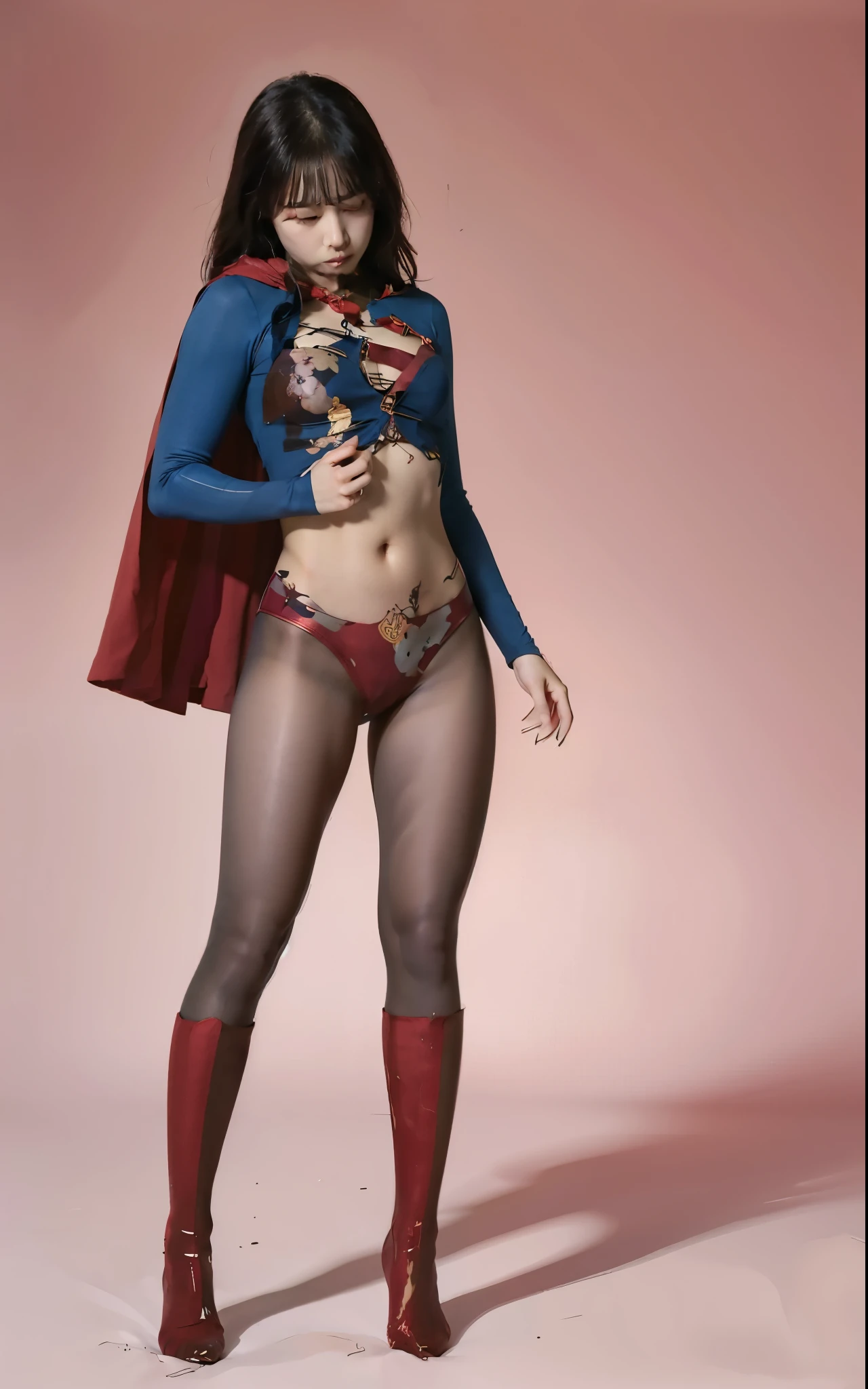 No background、(((Always spitting blood from the mouth)))、(((Always bleeding from the mouth)))、(((Sweating)))、(((Sweaty)))、(((I'm always sweating)))、(((Withstanding the heat)))、(((Beautiful legs in black tights.)))、(((Legally express your painful beauty)))、((((Make the most of your original images)))、(((体にぴったりフィットするSupergirl Costume)))、(((Supergirl Costume)))、(((short and beautiful hair)))、(((suffering)))、(((Please wear black tights....、Wear red boots)))、((Best image quality、8k))、((Highest quality、8k、masterpiece:1.3))、(((Preserve background )))、Sharp focus:1.2、Beautiful woman with perfect figure:1.4、Slim Abs:1.2、Wet body:1.5、Highly detailed face and skin texture、8k