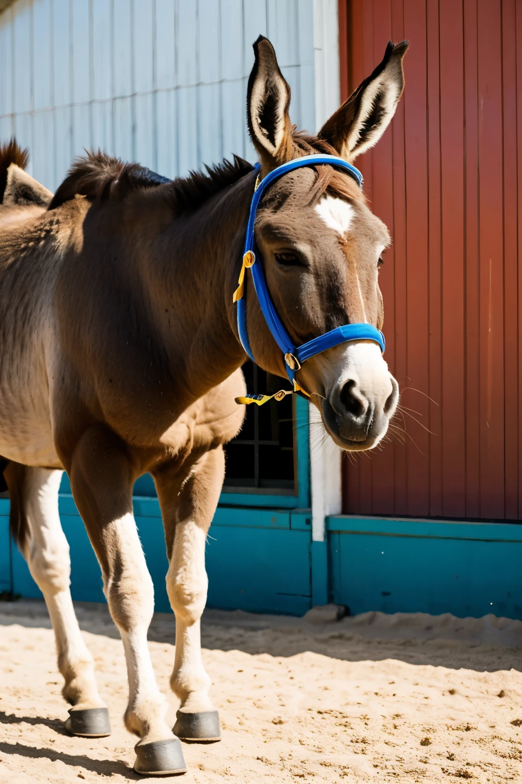A donkey with many Olympic gold medals in the background