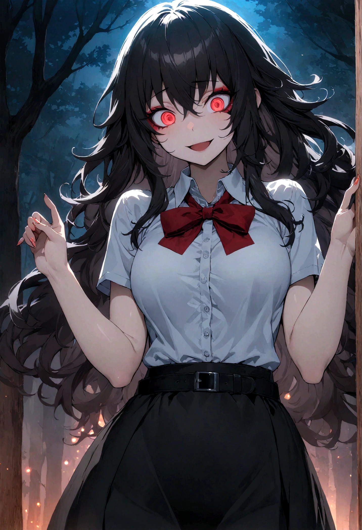 masterpiece, best quality, official art, extremely detailed CG unity 8k wallpaper, highly detailed, absurdres, Picturesque scenery of trees in the background, Peaking behind a tree during the night, exquisite facial features, Glowing red eyes, Yandere crazy eyes, Perfect fingers, perfect face, (sharp eyeliner, eyeshadow, detailed eyes:1.1), (Long waist length Black messy hair), Small breasts, Perfect skin, shiny skin, female, solo, Wide laugh, White School top, Red bow, Black belt, Black skirt