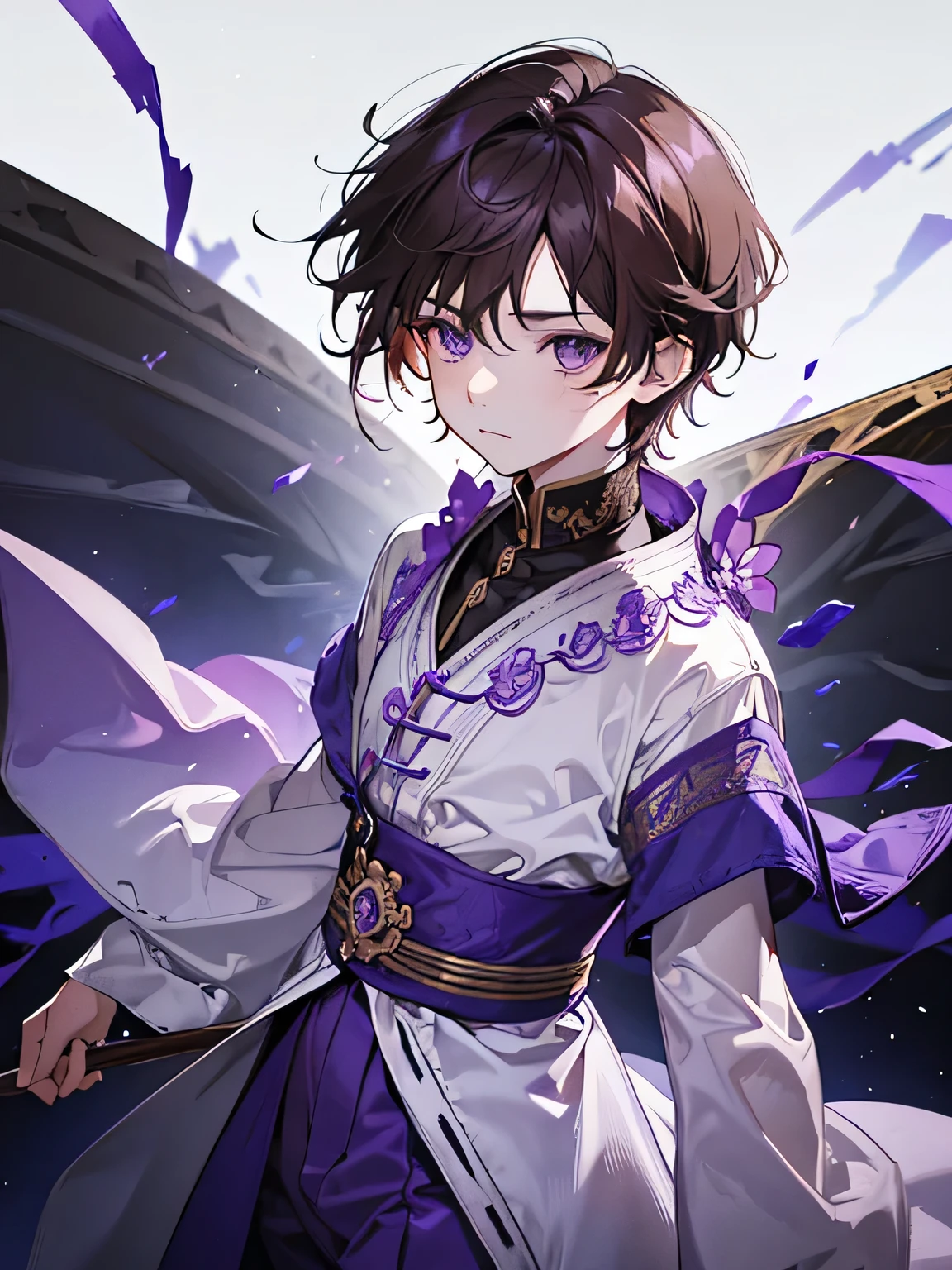 , purple eyes, wavy brown hair, noble. sadistic. like a prince. sadistic prince.