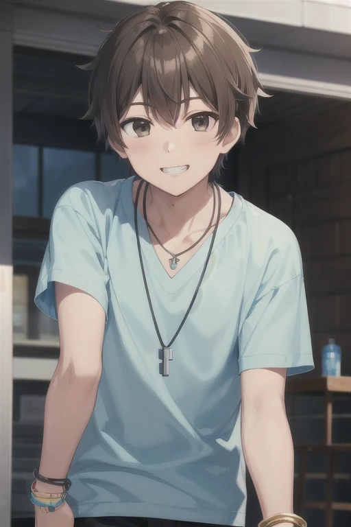 (((pixel-perfect, detail-perfect))), solo, 1boy, amo futami, shirt cyan, bracelet, necklace, smile, grin, hair brown, black brown
