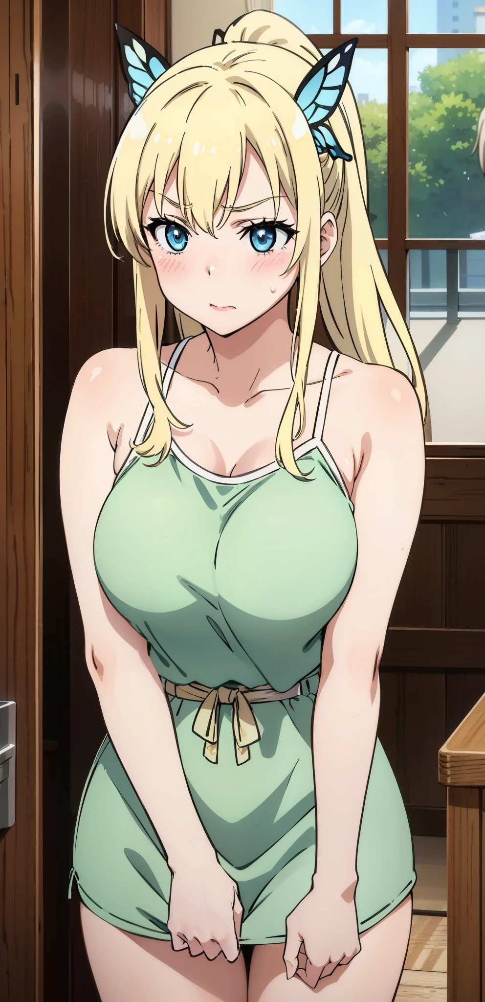 Seina Kashiwazaki, 1girl in, a blond, ponytail, butterfly hair ornament, (medium breast), cropped tank top, blush 