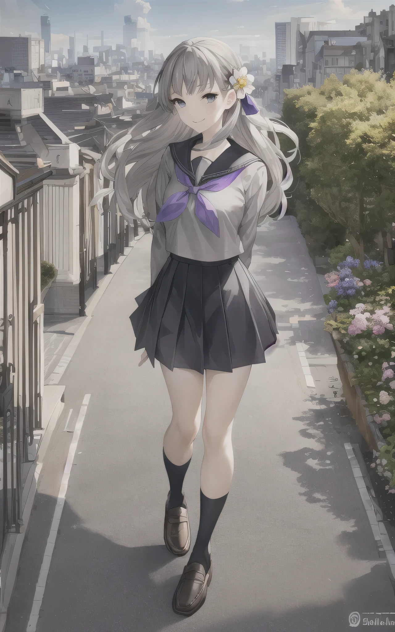 masterpiece, best quality,fuyusaka iori 1, 1girl, solo, hair flower, , hair ornament, flower, skirt, long hair, socks, serafuku, shoes, kneehighs, full body, loafers, pleated skirt, black socks, black skirt, grey hair, white flower, standing, grey eyes, outline, arm behind back, long sleeves, looking at viewer, highly detailed city background, middle breast, smile, shameful face, turn red face