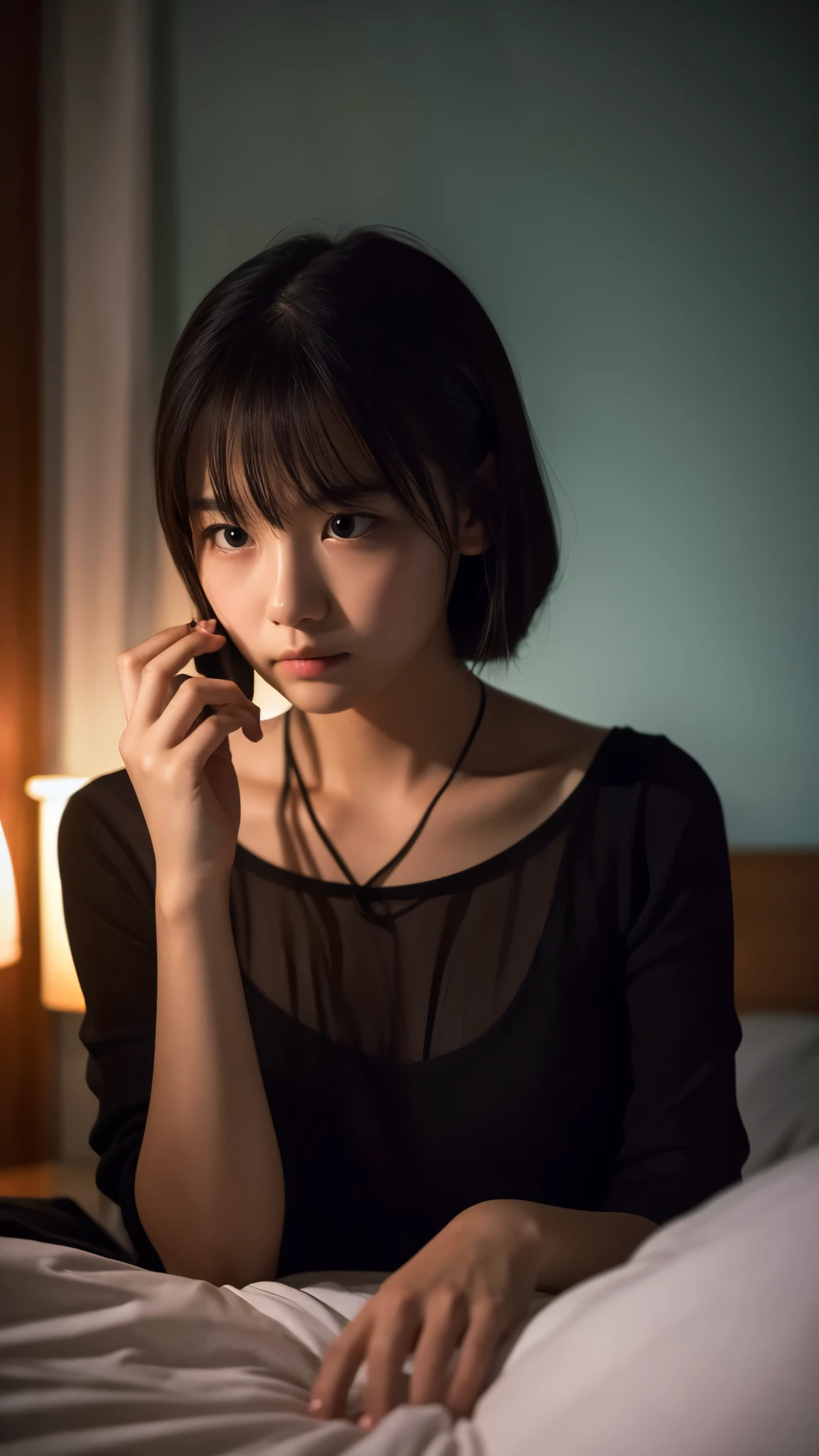 masterpiece, highest quality, 1 girl, alone, effect, Dark Background, In the room at night、A girl in bed answers the phone with a solemn expression