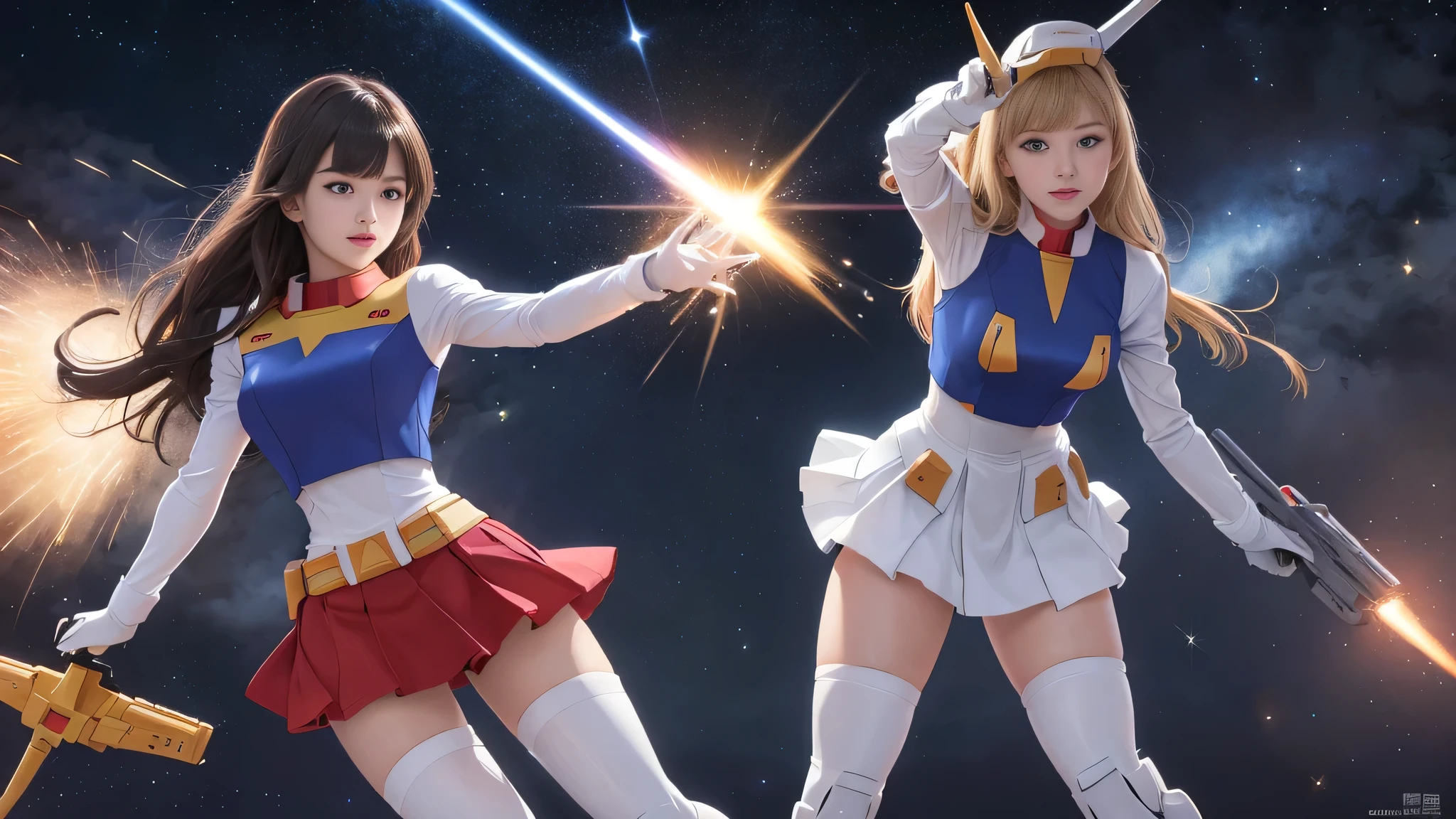 (highest quality), (masterpiece), Mobile Suit Gundam F91 personification, Browsing Caution, Great highlights for the upper body, Powerful Mech, Beautiful girl with a beam rifle, 19 years old, Baby Face, Beautiful Eyes, Modest nose, Neat, smile, Medium Hair, Absolute area, Moist、Slightly thick thighs, whole body, Fighting Pose, Leg spread, Short skirt, universe, Battle scene with enemy,