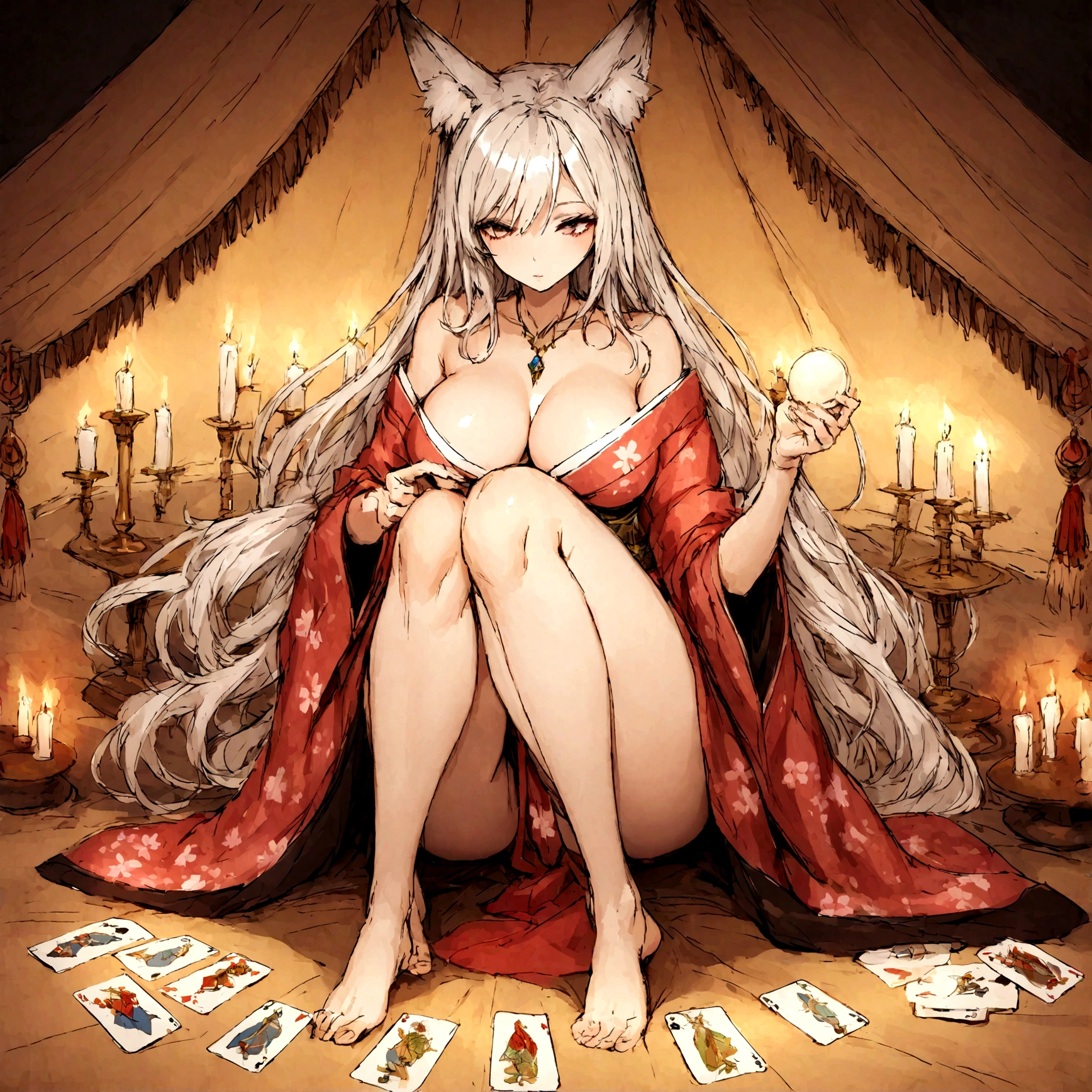 a sexy milf, has very long white hair, breasts, showing cleavage, has fox ears, wearing sakura kimono, in a gypsy tent, reading a crystal ball and surrounded by tarot cards, surrounded by candles, mystical, showing legs