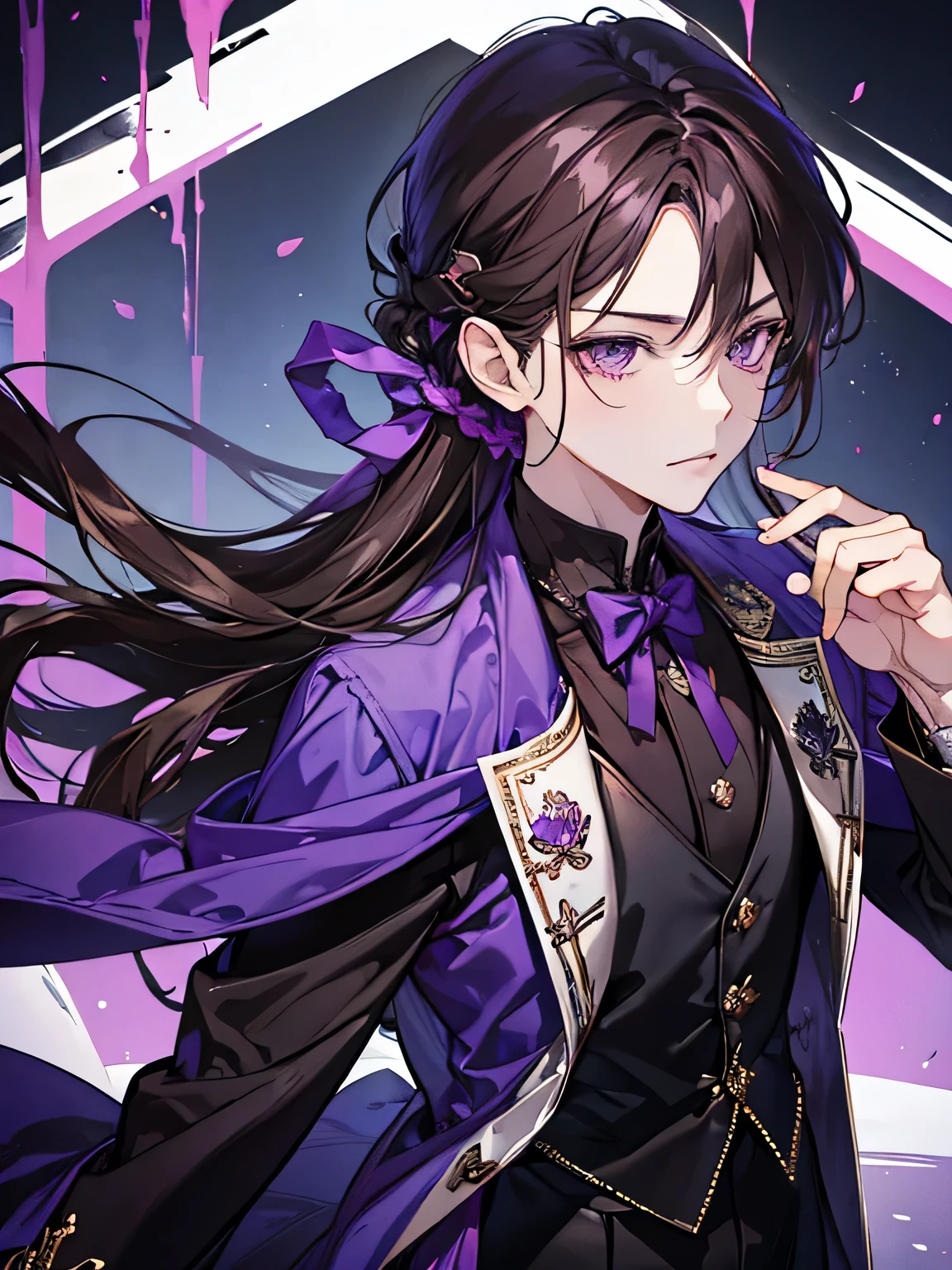 , purple eyes, wavy brown hair, noble. sadistic mafia. like a prince. sadistic prince. smirk. haughty.
