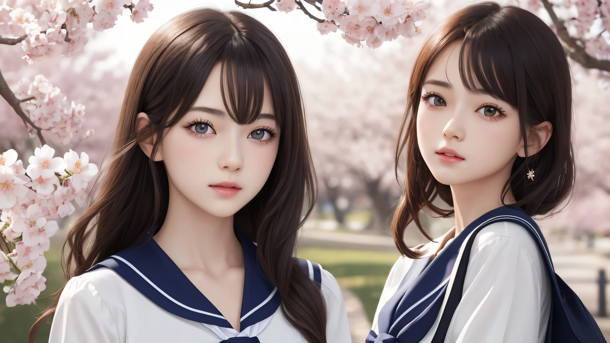 (One Girl), Great face and eyes, Pink Eyes, (Amazingly beautiful girl), (highest quality:1.4), (Super detailed), (Very detailed CG synthesis 8k wallpaper), Very detailed, High resolution raw color photos, Professional photography, Sailor suit, , School, spring, cherry blossoms,