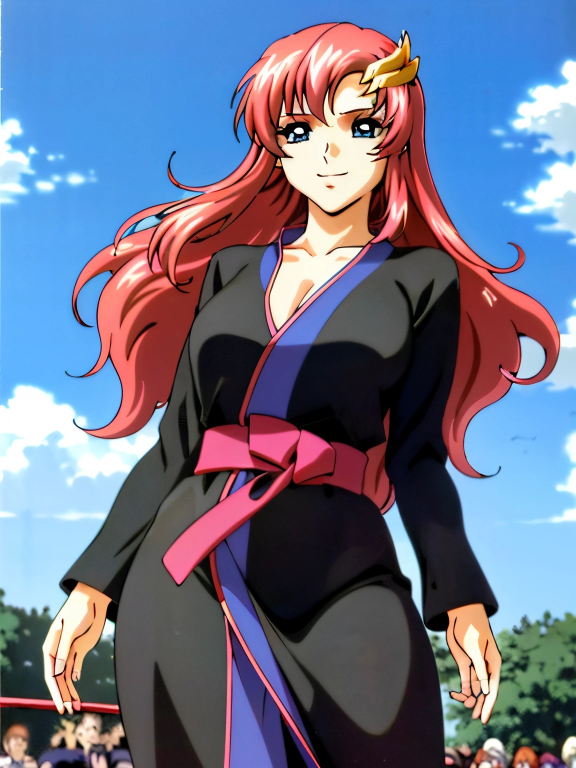 lacus4, (thin girl, masterpiece, cowboy shot, 4K, Best Quality, Anime style: 1.9, happy, tall woman, Adult Woman, (Crowd, cloud background), Drawing lines, high resolution, lacus4), 1girl, Solo, curvy figure, clavicle, scapular, (slim arms), large hands, (Detailed wide hair bangs, Hair Ornament, Detailed reddish-pink hair, shiny streaks, slim arms, detailed golden crest, long hair). (Big blue eyes, shiny eyes), ((female wrestler, (slim body), slim arms, closed fists)), ((perfect proportions)), ((black long abaya, black long abaya)), smile with a wink, (standing, hot colors), detailed fingers, 