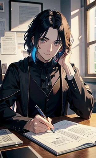masterpiece, best quality, 1man, (colorful),(delicate eyes and face), volumatic light, ray tracing, bust shot ,extremely detailed CG unity 8k wallpaper,solo, severus snape, handsome man, Severus snape, sitting at desk, writing on paper, open books on desk, looking at viewer, annoyed look, handsome, slight blush, potion bottles in background