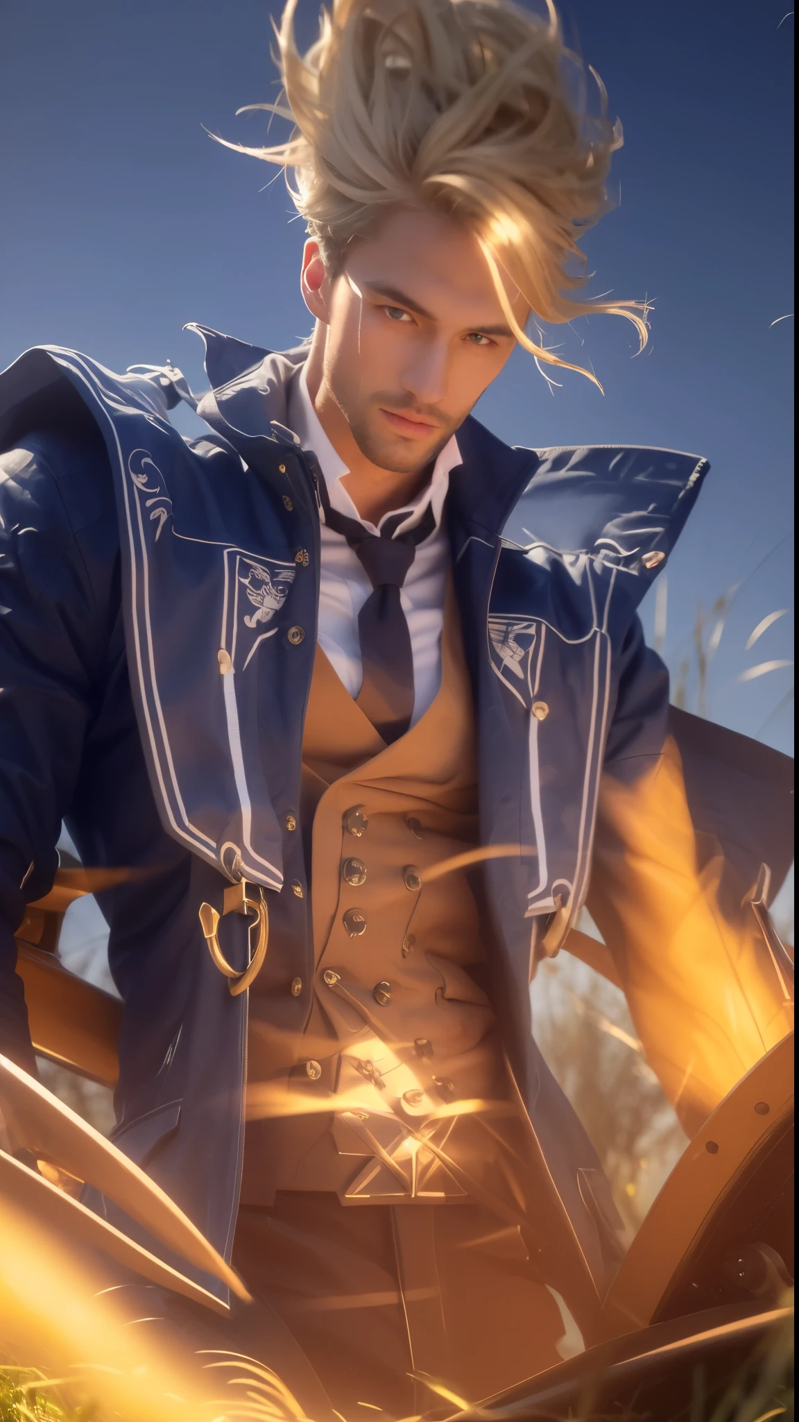 a realistic portrait of a man in a field, tan skin, handsome man with chiseled features, piercing blue eyes, strong jawline, rugged outdoor look, natural lighting, lush green grass field, golden hour lighting, dramatic shadows, cinematic composition, detailed skin texture, high quality, photorealistic, 8k, hyper realistic, intricate details