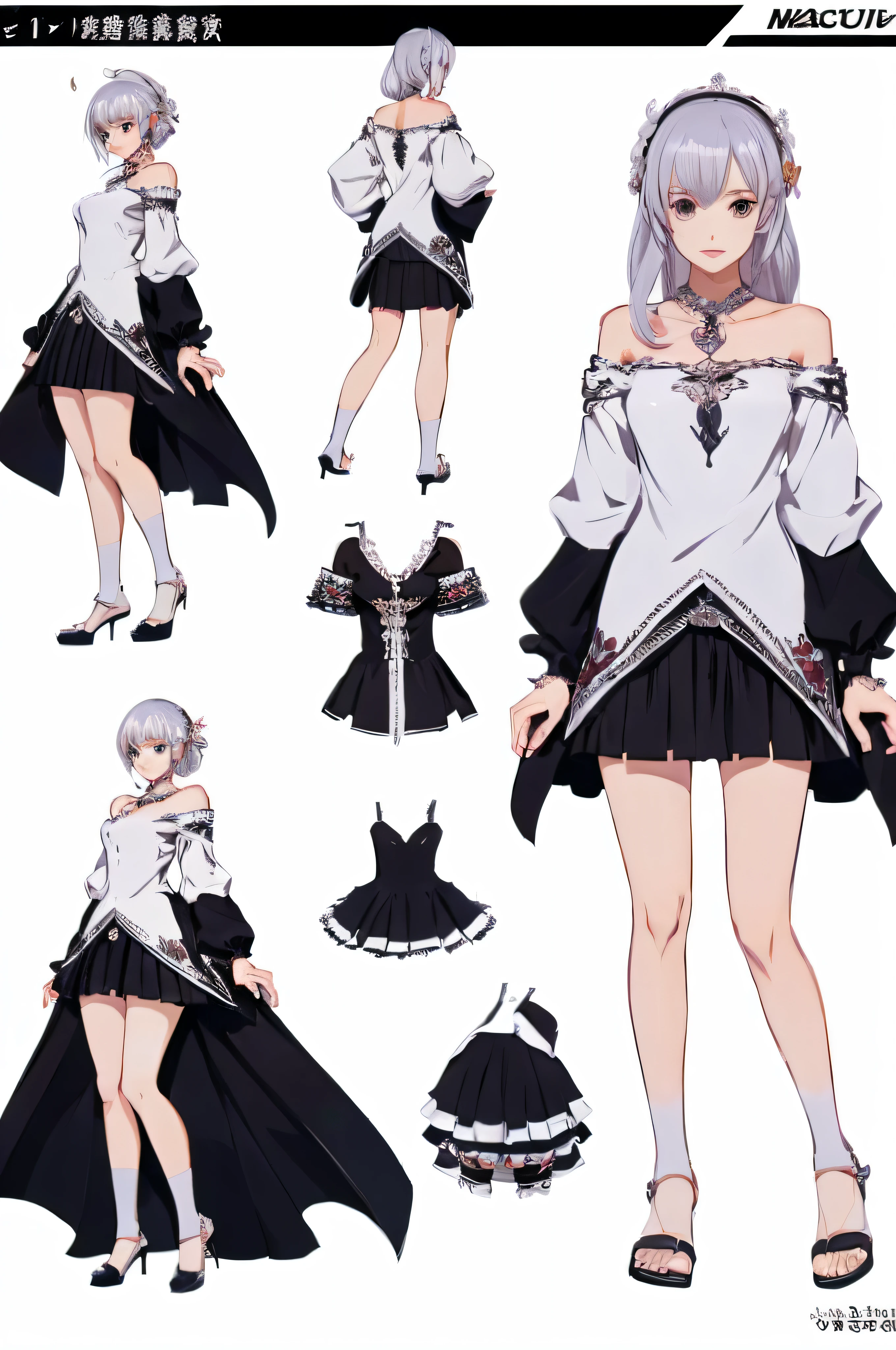 ((dessus de la table)), (la plus haute qualité))), (Feuille de conception de personnages, costume national, same character, devant, side, dos), illustration, 1 fille, Tout le corps, silver hair, poils des yeux, beaux yeux, coupe princesse, change scene'environnement, Jupe courte, shyness, Femme, fille, v tubercule, Charte Betarola, (fond simple, Fond blanc: 1.3) ( dessus de la table:1.2), (Best quality:1.3)