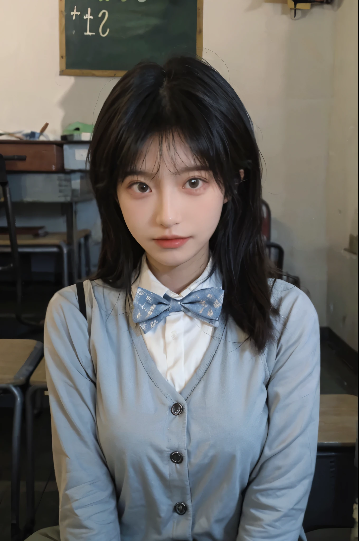 best qualtiy，tmasterpiece，Ultra-high resolution，（realisticlying：1.4），1girll，Raised sexy，A pair of beautiful and moving eyes look at the audience，Sunshine classroom，（Suits and bow ties in random colors：1.2），（Bigchest：1.4），（The upper part of the body：1.4）