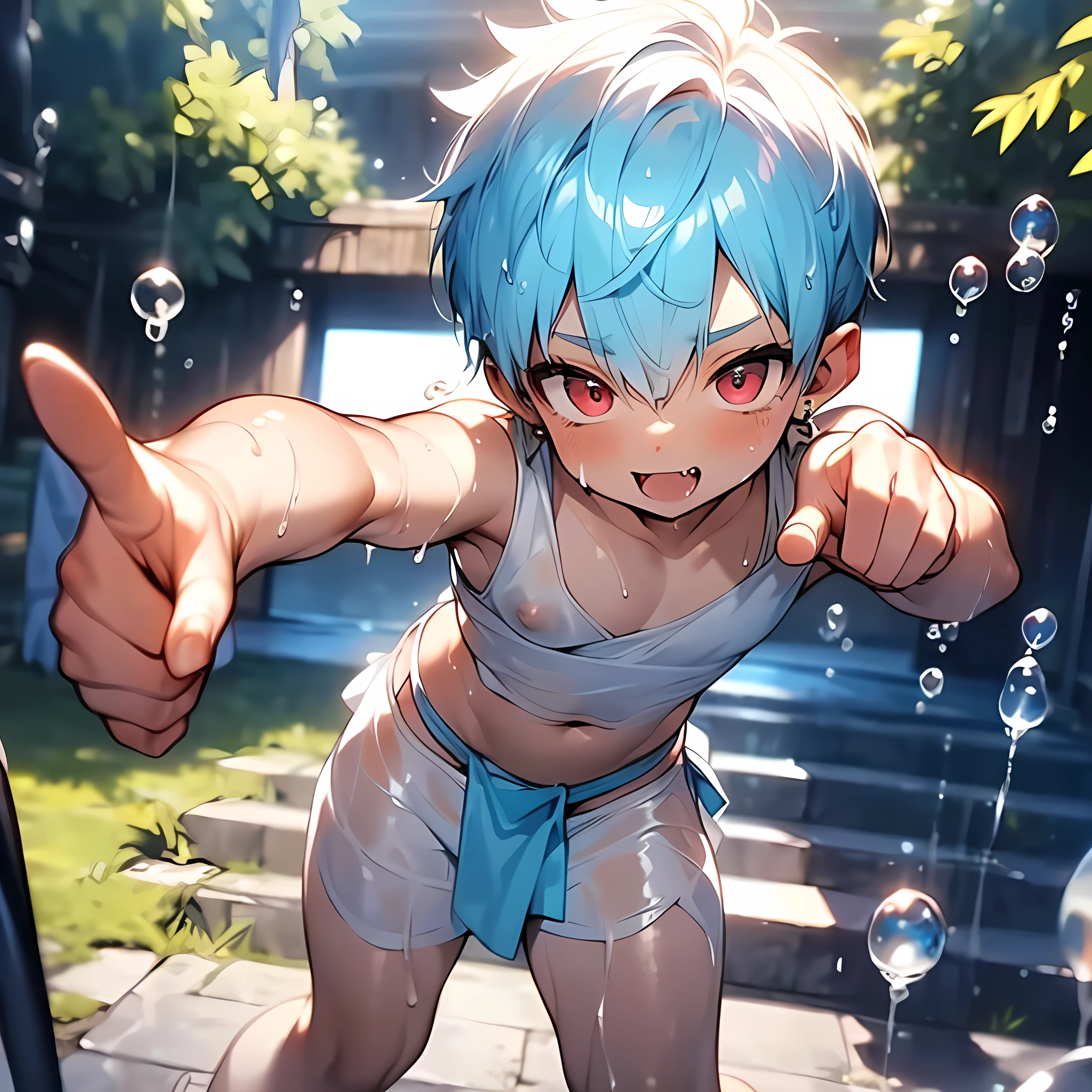 (boldline:-1.6), (dynamic pose:1.3), (arched back:1.3), ((bubble)), (pointing forward:1.5), (spread legs:1.3), (standing:1.5), (((fang))), (((best finger))), BREAK (best quality:1.5), (absolutely resolution:1.5), (ultra detailed:1.5), (masterpiece:1.5), (perfect face:1.5), (detailed face:1.3), (detailed eyes:1.5), (best eyes:1.5), (cute face), (shota:1.7), BREAK (white tank top:1.3), BREAK (white loincloth:1.5), (see throgh wet clothes:1.5), (bulge:1.6), (skinny:1.3), (spiked hair), BREAK (light blue hair:1.5), (wine red eyes:1.4), (((eyes with highlight))), ((mole under eye)), (sweaty skin), (chuckling:1.5), (blush), ((earrings)), (shiny skin:1.3), BREAK (nature), (river), (forest), (sunlight), ((wind blowing)), ((nipple)), abs, groin, water splashing, from below,