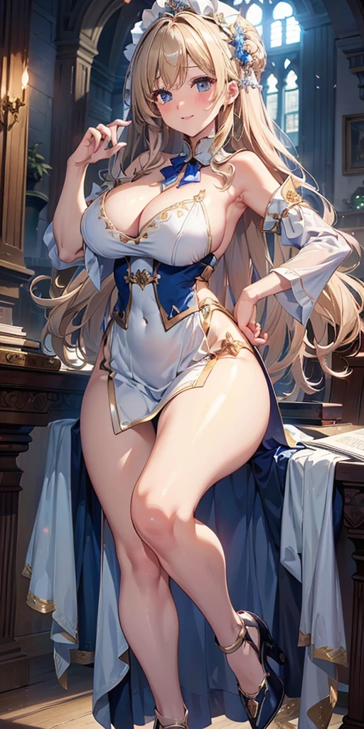 Tabletop, highest quality, Highly detailed CG Unity 8k wallpaper, Beauty Priestess Costume, Long dark blonde wavy hair、Gorgeous dress in white and blue, (Long Flared Skirt), Medium Milk, Puffy nipples、Blushing, Embarrassed laugh, Exposing shoulders、Sexy Hips、Sexy Underwear、Blue High Heels、Gorgeous magic wand and book、Church of the castle、Sexy pose、(Poses that accentuate the buttocks)