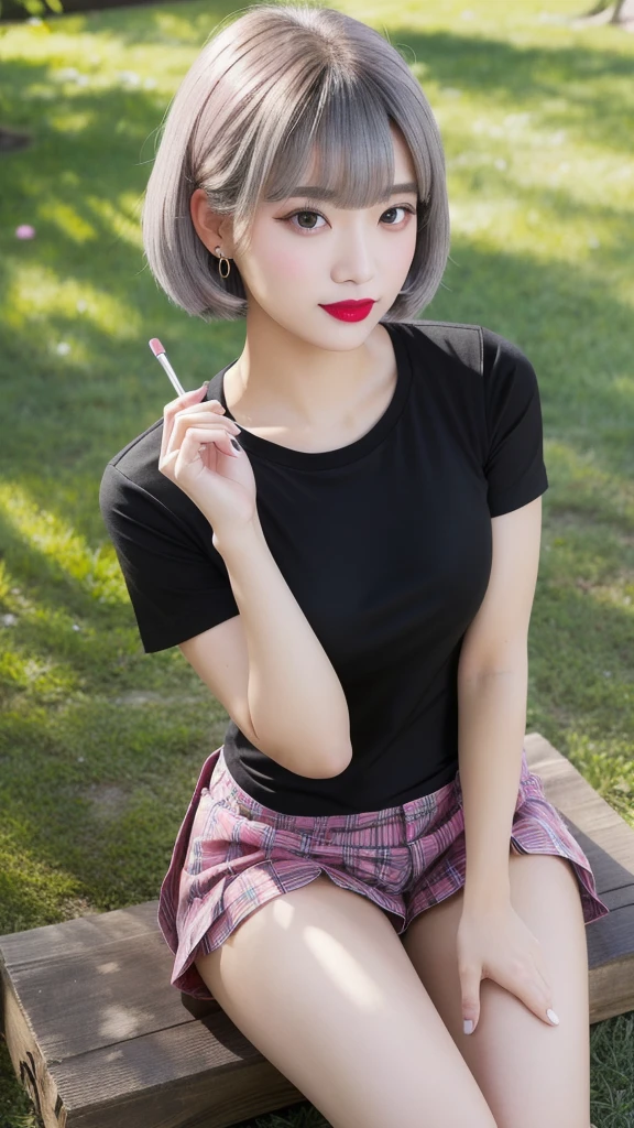 (8k, Photorealistic, Raw photo, Highest quality: 1.4),Japanese idol-style beautiful girl,1 person,18-year-old,Hairstyle(Short Bob,Black :1.4),She has her hair tucked behind her ears,She has small piercings in her ears.,(pupil(big,Transparent grey :1.5)),Long eyelashes,Plump Cheeks,(lips(lipstick(Pink :1.3)Painting,lipstickの上からグロスを塗り艶やかでふっくらとしている)),Smiling,Blackのチョーカーを着けている,Thin and delicate shoulders,(Manicure(Black :1.5)on the nails of both hands),Thin waist,(barefoot),(Manicure(Black)on the nails of both feet.),(Dress shirt(Short sleeve,Plain white :1.7)Wearing it unbuttoned on bare skin),I can see her cleavage,(Pleated skirt(Plaid,Black :1.7)Wear),(On the grass under the tree in the park),(Sit in a hu sit :1.7),(Place your hands on your crotch),She is surrounded by the gentle sunlight filtering through the trees.,Angle from the front,whole body ports