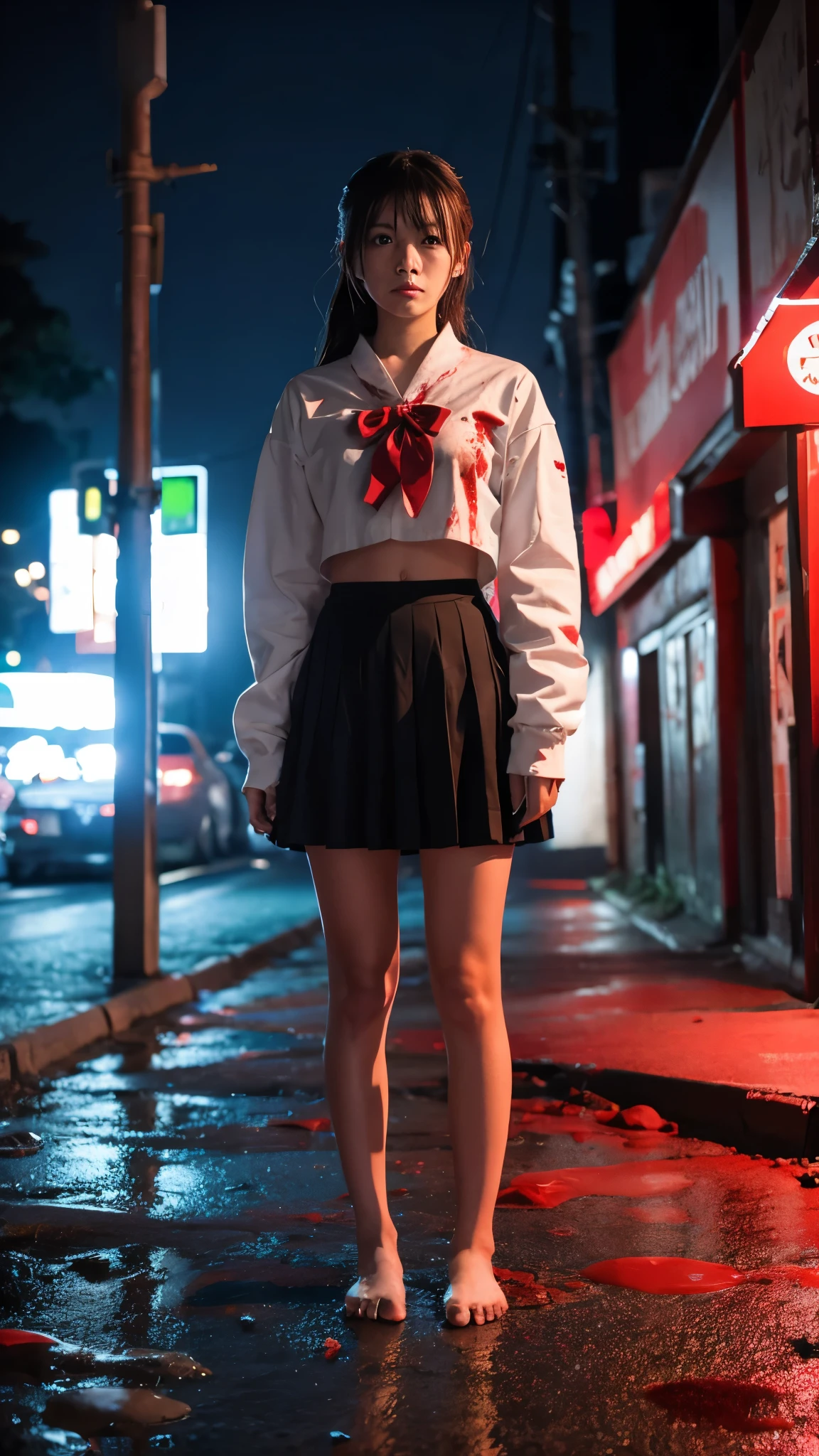 masterpiece, highest quality, View Viewer, In-person audience, barefoot, One girl, alone, Upper Body, bow, serafuku, Disgusted face, at night, heavy rain, Outdoor, city, Crop top, belly button, Wet clothes, drenched, overly too long sleeves, Put your hands in your sleeves, Tears of Blood, Bloodstain, Dark Alley, Blood splattered on the ground, Red bright light, Glowing Eyes, Depth of written boundary,Holding a knife,Red Sky, atmosphere,Perfect hands