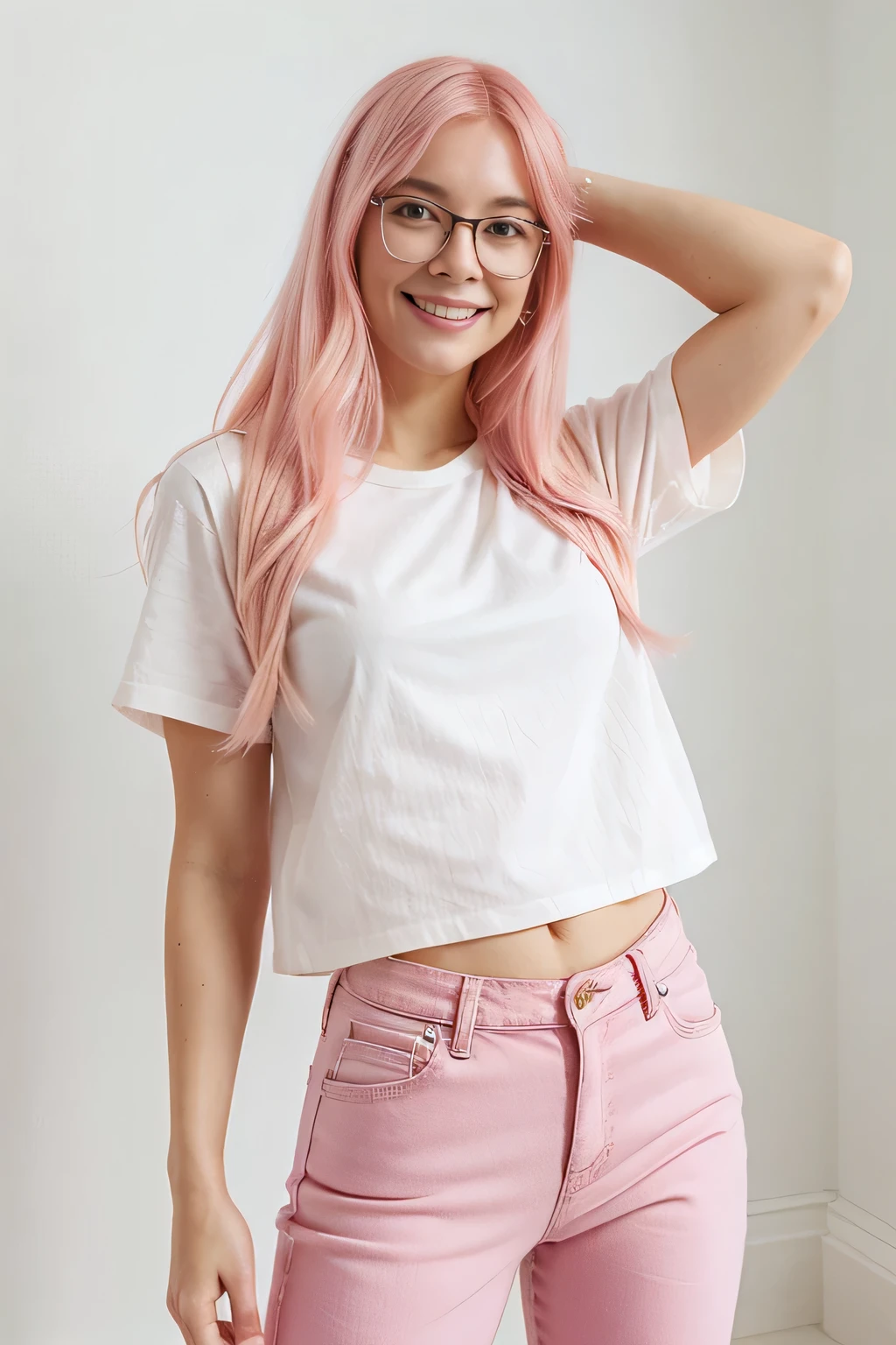 a woman with pink hair and a white shirt posing for a picture, a pastel inspired by Louisa Matthíasdóttir, reddit, renaissance, long flowing pink hair, light pink hair, flowing pink hair, light pink hair with pink flames, pastel hair, pink wispy hair, long pink hair, long hair with pastel colors, long light pink hair with glasses , black jeans , white camisa, happy smile, sonriente
