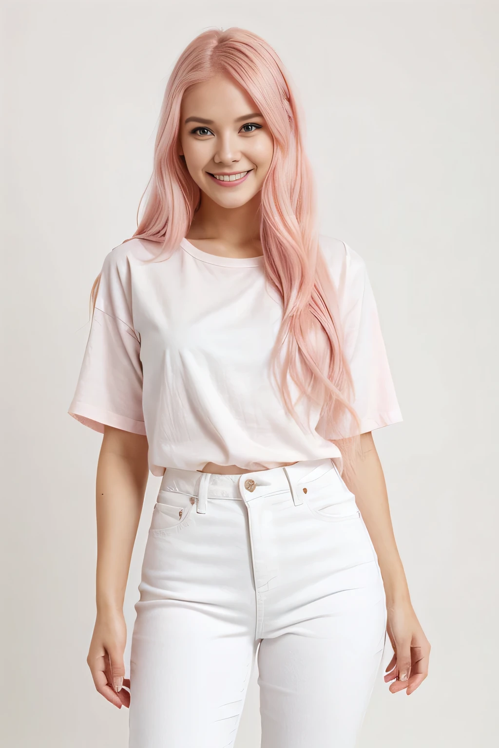 a woman with pink hair and a white shirt posing for a picture, a pastel inspired by Louisa Matthíasdóttir, reddit, renaissance, long flowing pink hair, light pink hair, flowing pink hair, light pink hair with pink flames, pastel hair, pink wispy hair, long pink hair, long hair with pastel colors, long light pink hair with glasses , black jeans , white camisa, happy smile, sonriente