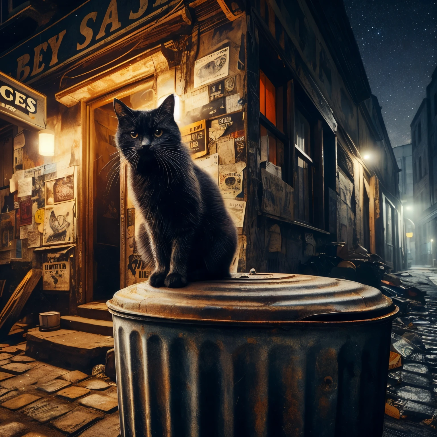 An intense dirty scrappy black cat sitting on top of a huge old metal garbage can, Hollywood lighting, behind a rundown old hippy record store in a dirty alley, dark dimly lit blue night sky with stars, dust, 8k resolution,