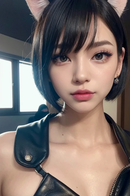 Cute Japanese , Innocent look, Low Ponytail, ((Cat ear)), Heavy Metal, leather jacket, mini skirt, short hair, Black eyeshadow, Black lipstick, Earrings, Punk Hairstyles, Full body emphasis, (highest quality,4K,8k,High resolution,masterpiece:1.2),Super detailed,(Realistic,photoRealistic,photo-Realistic:1.37),Highly detailed eyes and face,Beautiful and detailed eyes,Beautiful and detailed lips,Long eyelashes,Vibrant colors,Dramatic lighting,Cinematic