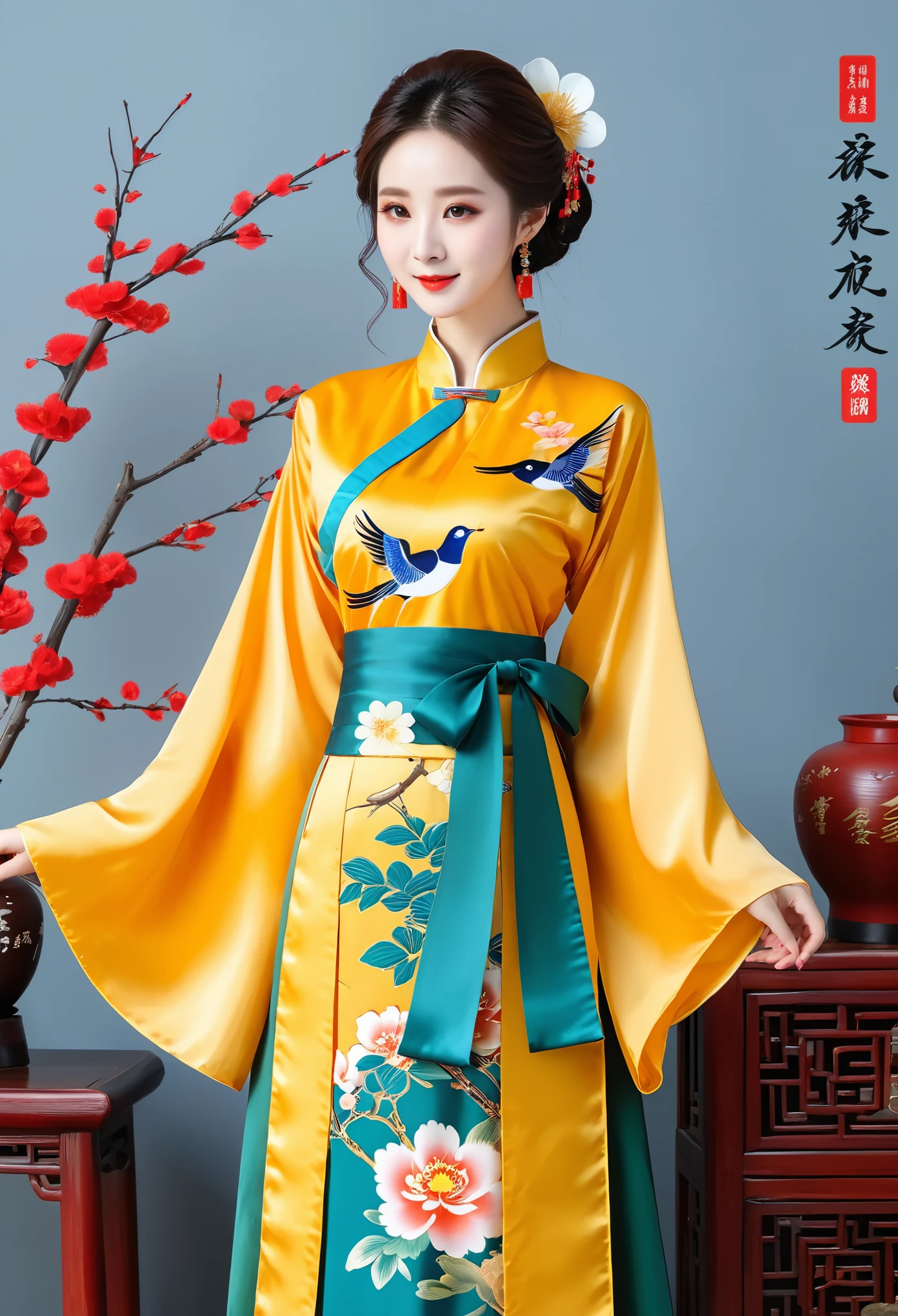 Tang style, Tang system, Chinese style, ancient style, Han elements, Guofen, Da Jin Ru, chest-length, big sleeve shirt, long beizi, undershirt, chest-length, spiral skirt, long skirt, one-piece type, under skirt, flower and bird skirt, one-step skirt, eight broken skirts, Fold collar, No collar, narrow sleeve, wide sleeves, Pipa sleeve, The front of a Chinese jacket or jacket, Full opening, undergarment, petticoat, underpants, Straight train, Stand up straight, imitation makeup flower, jacquard, chiffon, core yarn, ramie, liuli yellow, yushandou blue, congyu green, shuiyun blue, liu gold, yuzan green, main waist, double laye, knitting