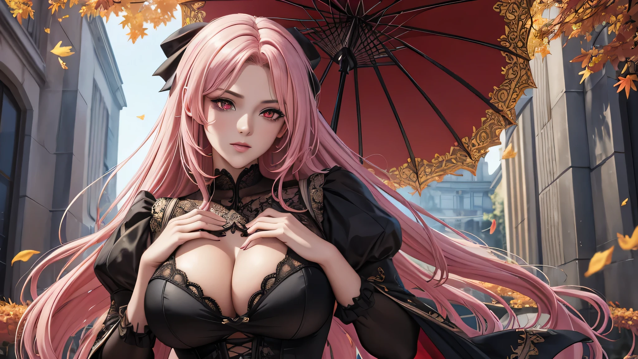 Red eyes, (highest quality, masterpiece painting:1.3), Immature woman, , (Half Body Shot), masterpiece, Ultra-high resolution, (Photorealistic:1.0), Light pink hair,Straight hair, Beautiful and shiny hair, White and glowing skin, ((Ultra-Realistic Details)), Octane Rendering, Highly detailed face, (Big Breasts:0.8), ((Heart with both hands:1.2)), She wears a stunning outfit inspired by the Belle Epoque style, A flowing black dress decorated with lace and ribbons, (clothing: Black Belle Epoque dress with lace and ribbons),Cleavage, Perfect body, Soft Skin, Anime Face, Perfect Face, Perfect Eyes, Looking at the audience, Smart, Autumn leaves under the tree background, Autumn leaves falling, Outdoor,shrine, Sharp focus, Intricate details, Professional artwork, (Bright colors:1.1), Bright colors, diffused Lighting, Digital Blending, Ultra high definition body, Ultra detailed hair, Highly detailed face, that&#39;that&#39;Trending on pixiv, Open the top button, Cute gaze, Compensate, Perfect Lips, perfect Compensate, Ultra-precision coating,  (Light_smile:0.8), (Very embarrassed:1.2), Blushing your nose,