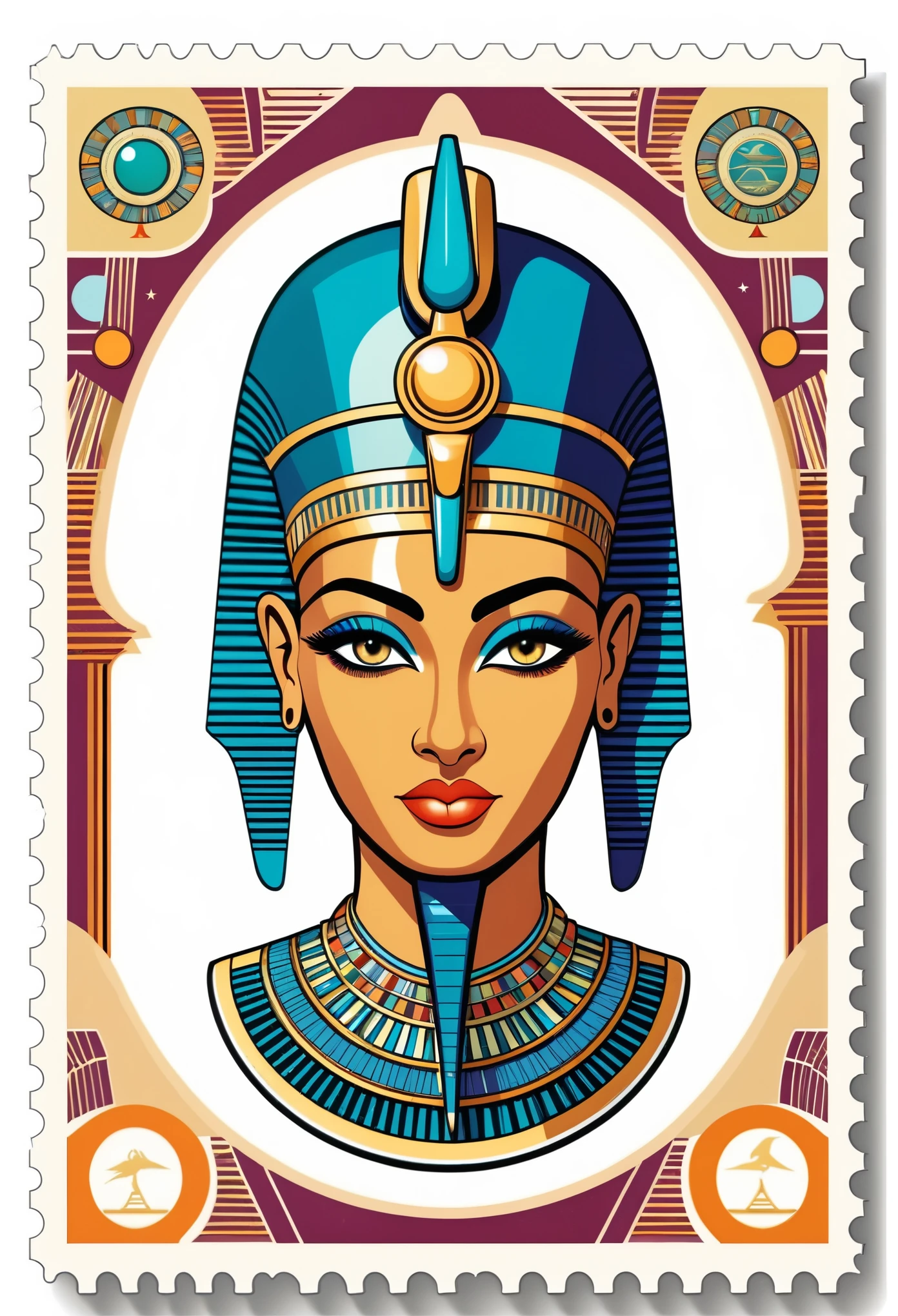 postal stamp, white background, vintage Egyptian illustration, flat cartoon style, Science Fiction punk, ethnic style decorative pattern