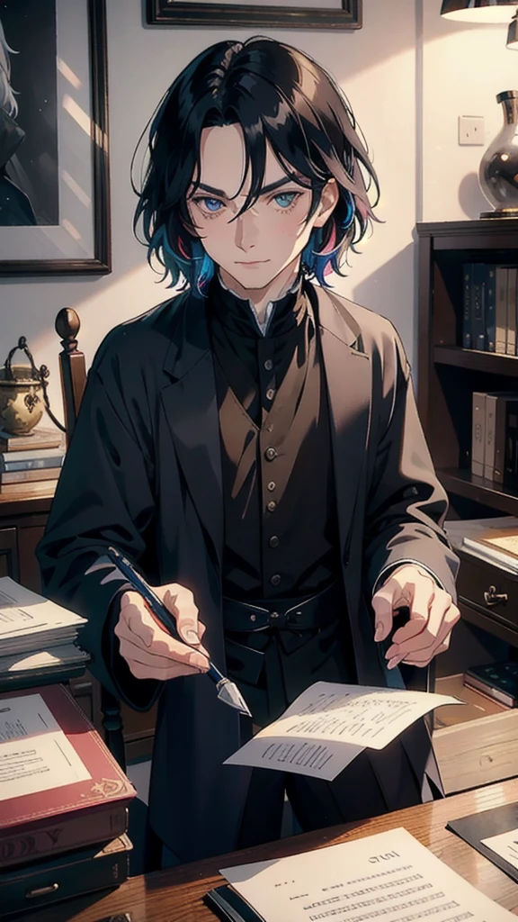 masterpiece, best quality, 1man, (colorful),(delicate eyes and face), volumatic light, ray tracing, bust shot ,extremely detailed CG unity 8k wallpaper,solo, severus snape, handsome man, Severus snape, sitting at desk, writing on paper, open books on desk, looking at viewer, annoyed look, handsome, slight blush, potion bottles in background