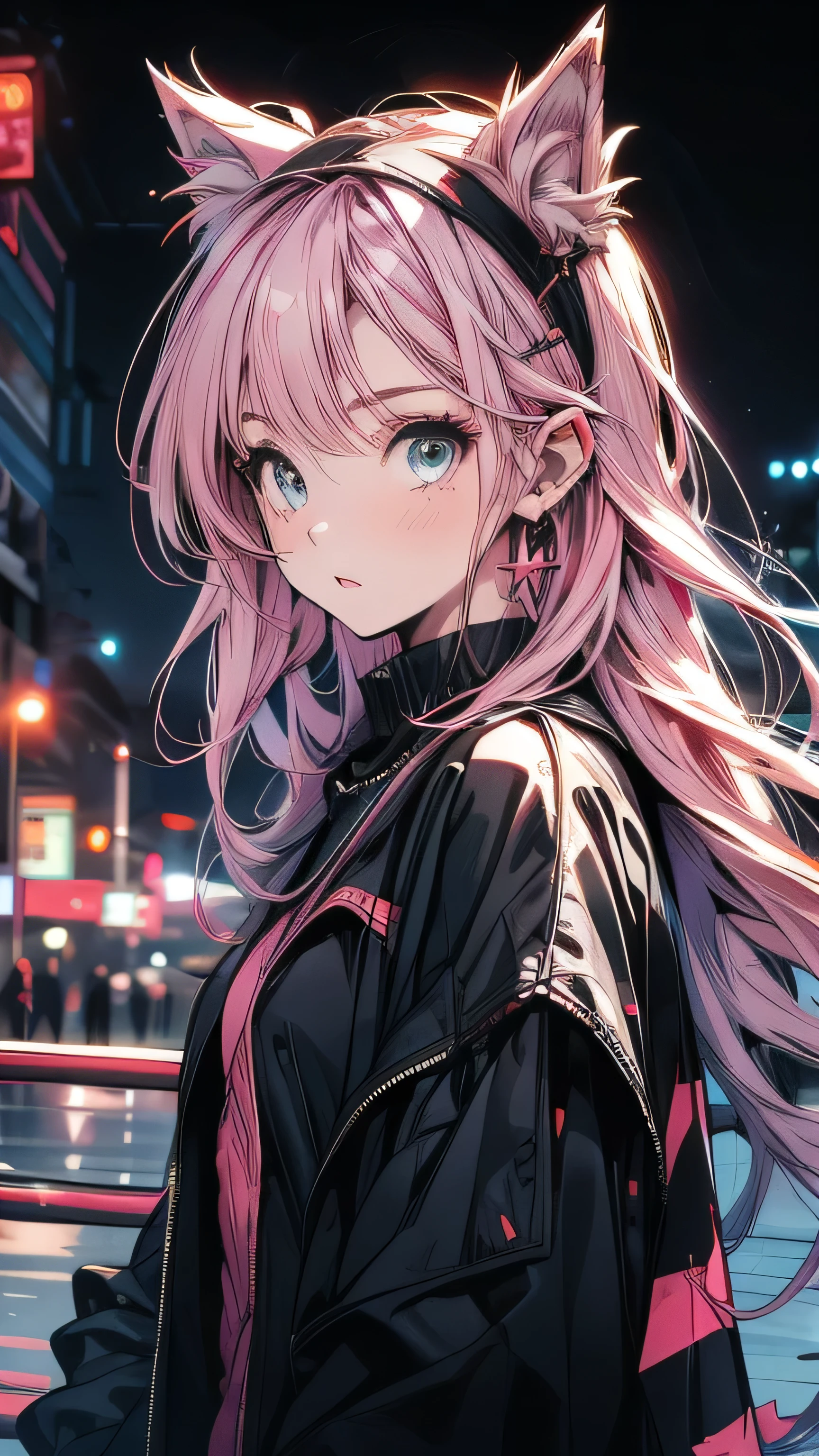 Pink Hair,Black clothes,City Background,Surprised expression,with headband,Double Tail