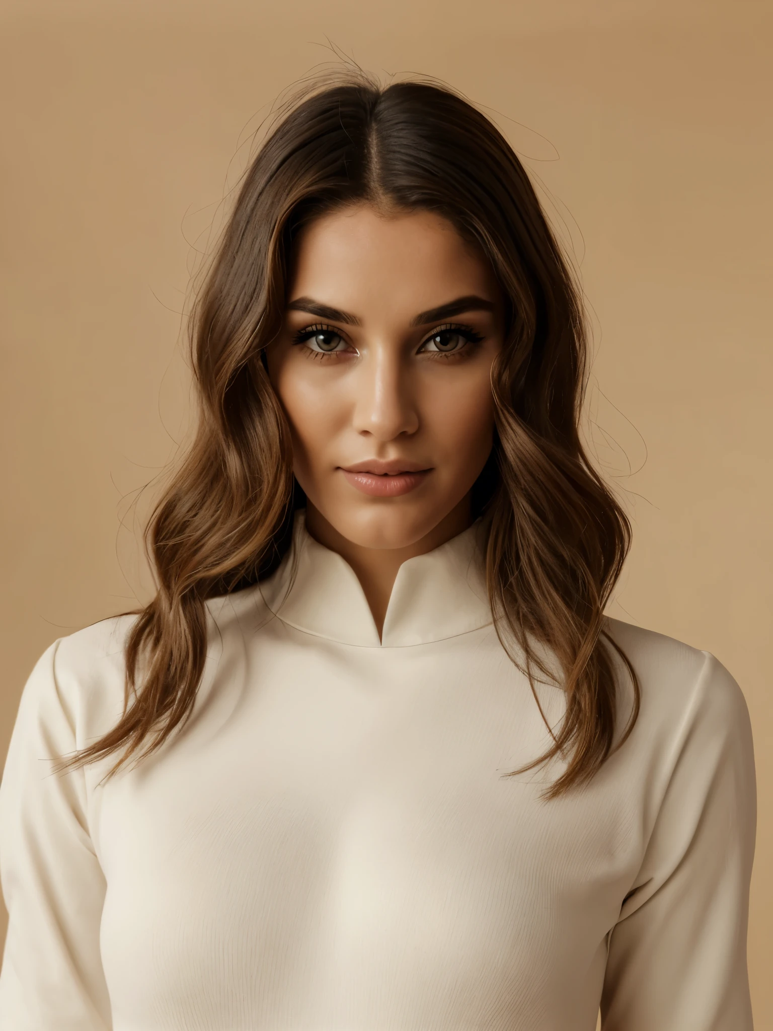 1woman, Greek woman, (black bob hair:1.1), green eyes, pale skin, red lips, black turtleneck, plain white background, id photo, professional portrait 