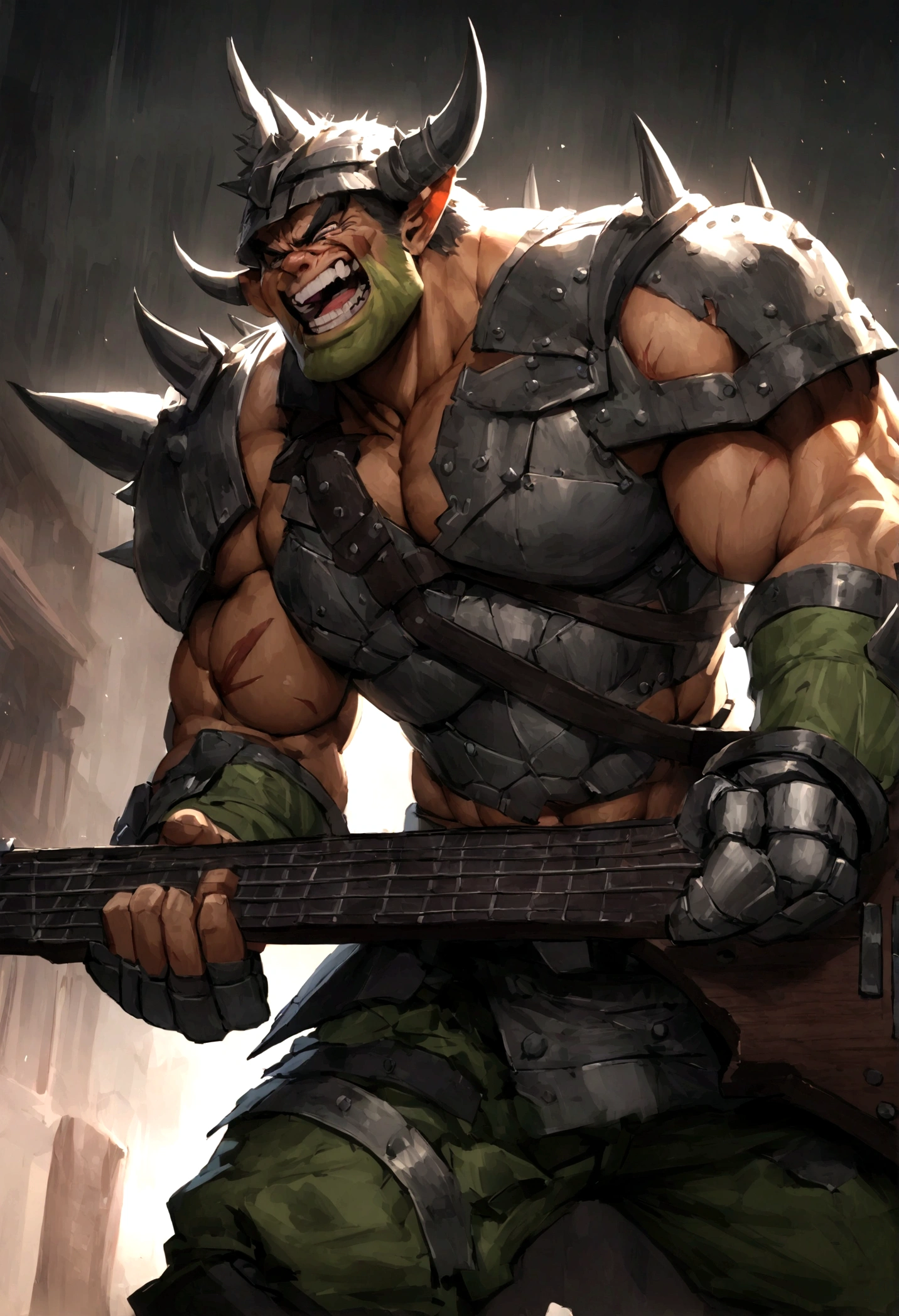 warhammer ork guitarist, (huge, muscled, battle scarred, wastelander scrap armor), very aggressively performing