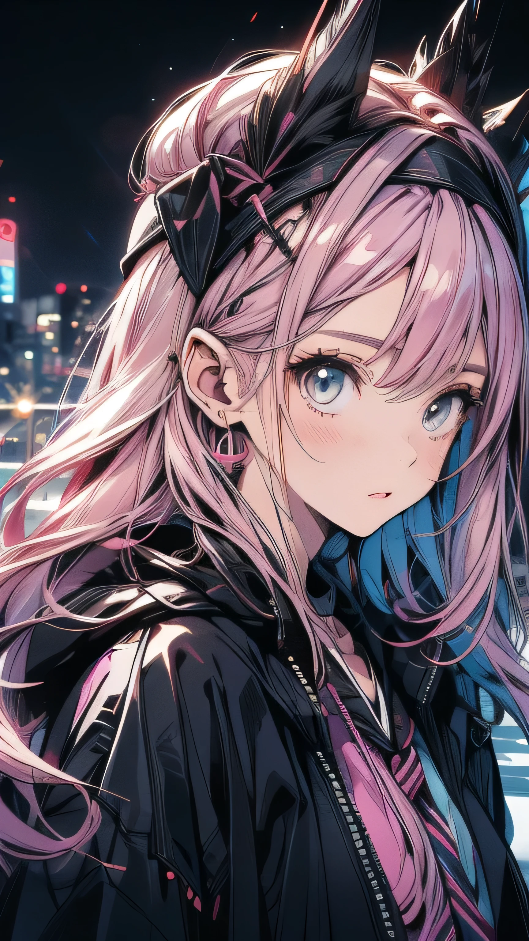 Pink Hair，Black clothes，City Background，Surprised expression，with headband，Double Tail