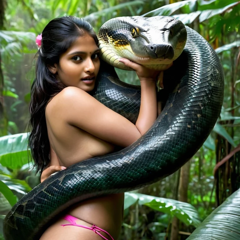 Topless pink thong wearing aroused horny beautiful happy young Indian girl vs Giant anaconda monster wrapped around her body squeezing her in coiled embrace cuddling and kissing sexual erotic bestiality sex realistic in the rainforest full body, best quality wet