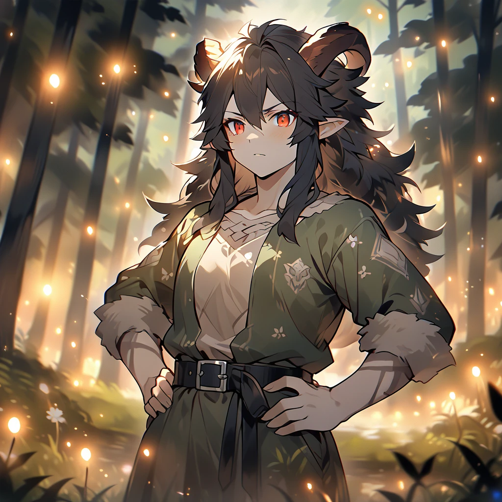 {{upper body, dutch angle}} {{Artist: megateru}} 1person, mature female, androgynous face, black hair, long shaggy hair, red eyes, goat horns, pointy ears, satyr, black lion mane, ash skin, muscular, rugged look, green robes, worn clothes, black belt, outdoors, forest, night, fireflies, standing, hands on hips, pov, medieval fantasy.