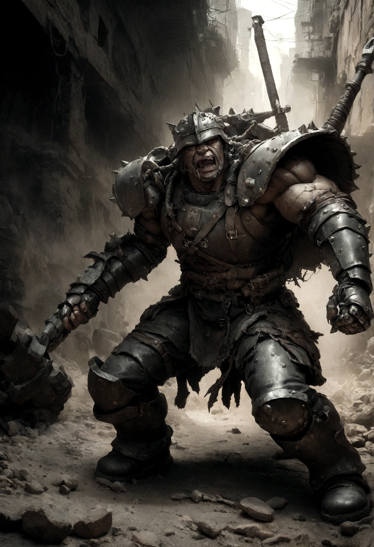 warhammer ork guitarist, muscular male figure, heavily battle scarred, wearing scrap metal and wastelander armor, extremely aggressive and forceful performance, detailed rendering, cinematic lighting, hyper realistic, digital art, muted color palette, gritty post-apocalyptic atmosphere