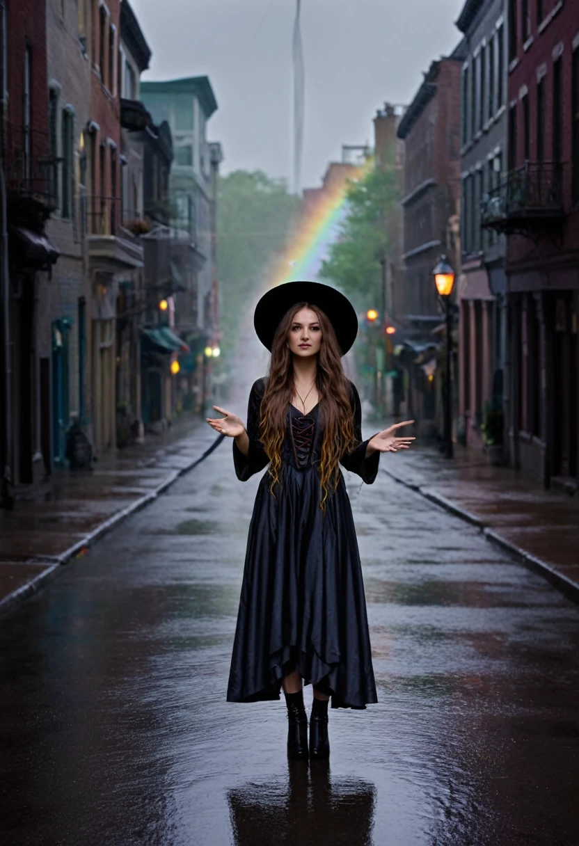 thirty year old witch, rainy city street, spellcasting pose, casting a spell, long hair, rainbow hrglw, (full body shot 1.1)